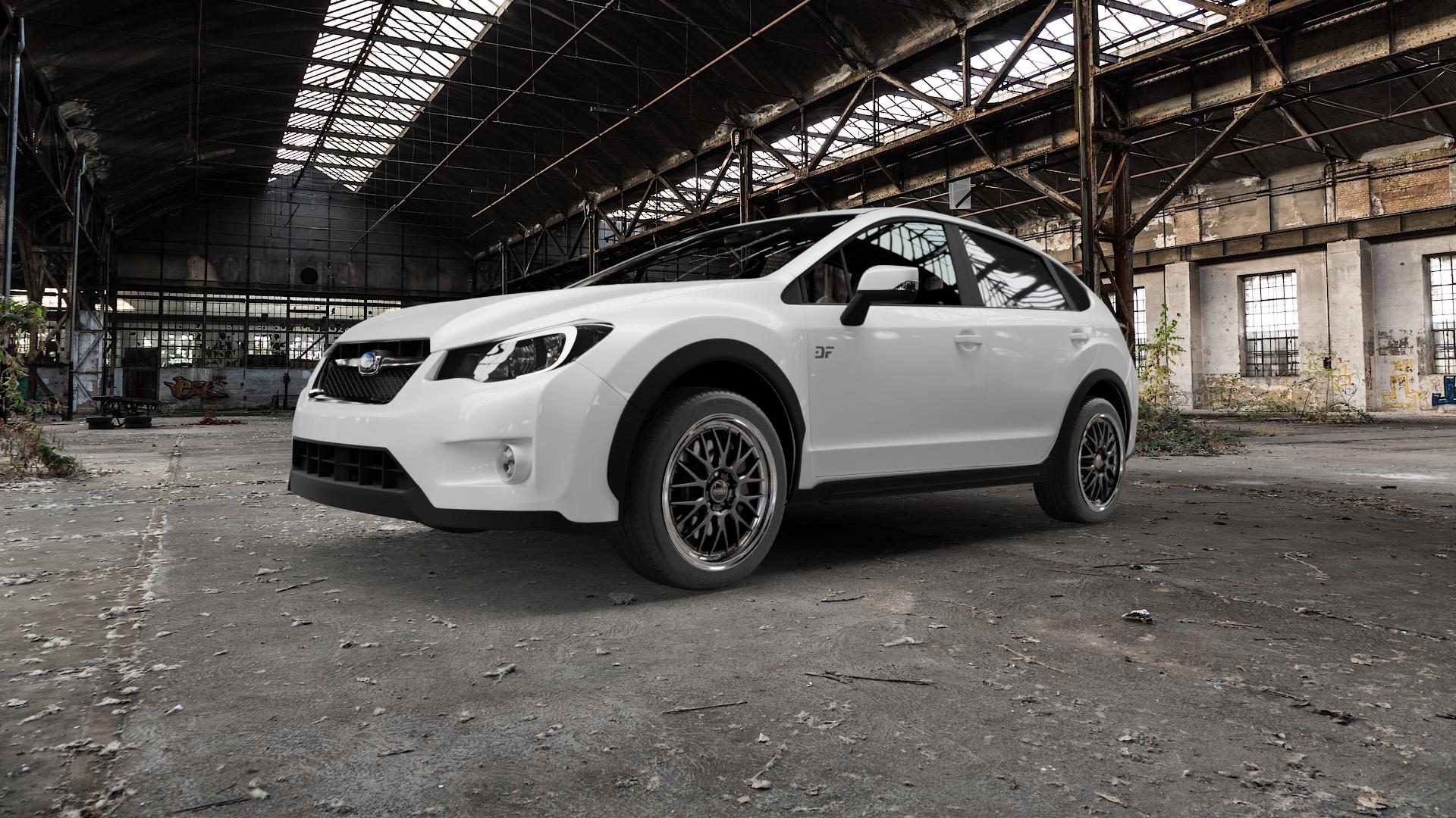 DOTZ BILBAO GUNMETAL/POLISHED LIP Felge mit Reifen grau silber mehrfarbig anthrazit in 18Zoll Winterfelge Alufelge auf weissem Subaru XV Typ G4 1,6l 84kW (114 PS) 2,0l 110kW (150 D 108kW (147 ⬇️ mit 15mm Tieferlegung ⬇️ Old Industrial Hall_max5000mm_2022 Frontansicht_1