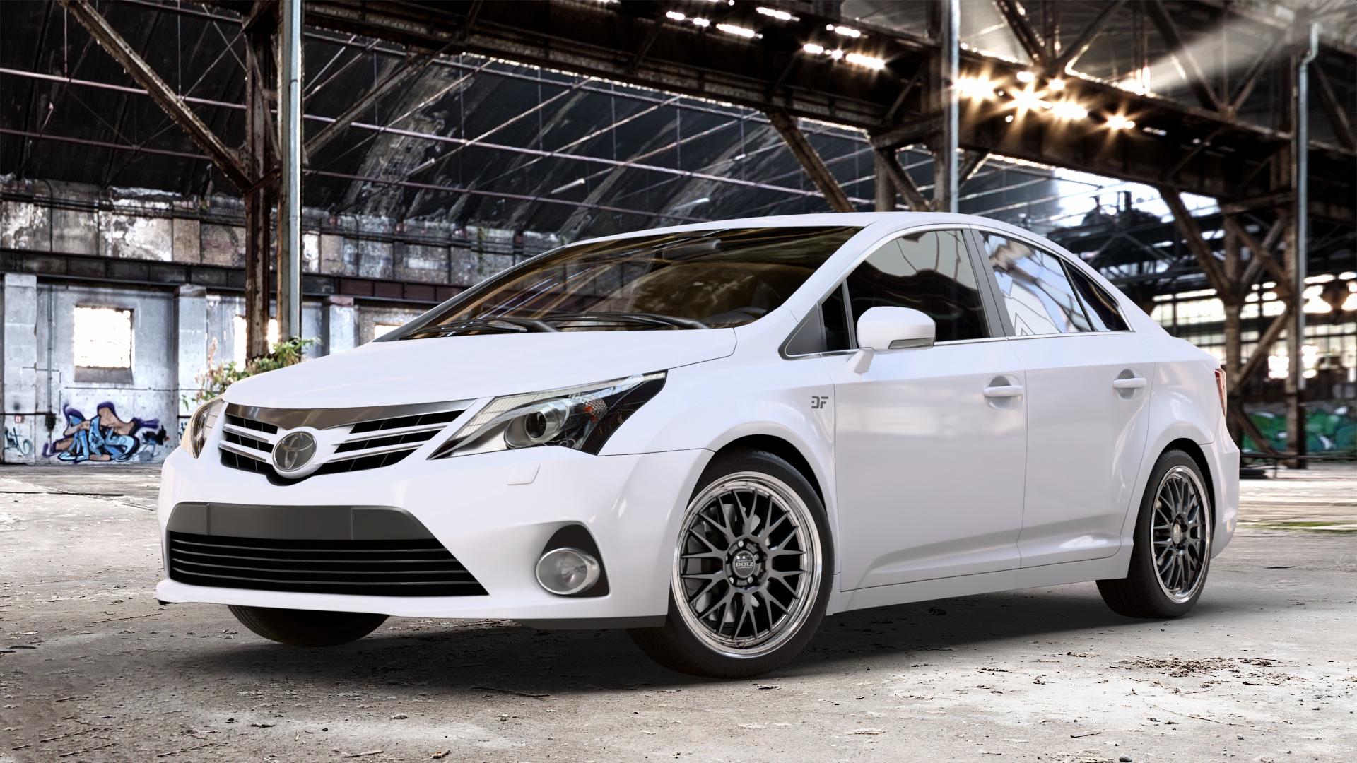 DOTZ BILBAO GUNMETAL/POLISHED LIP Felge mit Reifen grau silber mehrfarbig anthrazit in 18Zoll Winterfelge Alufelge auf weissem Toyota Avensis Limousine Typ T27 Facelift 12-> ⬇️ mit 15mm Tieferlegung ⬇️ Old Industrial Hall_max_4400mm_2024 Frontansicht_1