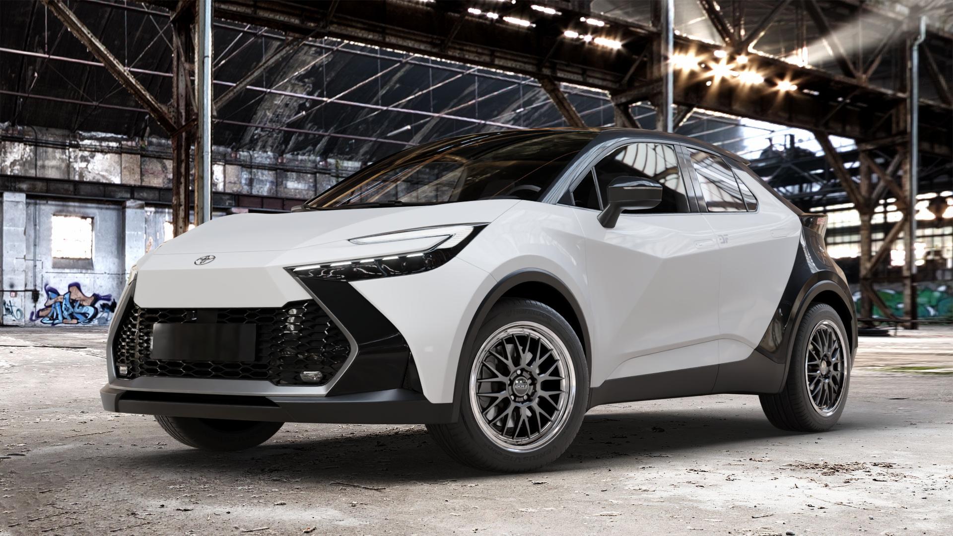 DOTZ BILBAO GUNMETAL/POLISHED LIP Felge mit Reifen grau silber mehrfarbig anthrazit in 18Zoll Winterfelge Alufelge auf weissem Toyota C-HR Typ AX2T(M) AX2T(M)-TGRE ⬇️ mit 15mm Tieferlegung ⬇️ Old Industrial Hall_max_4400mm_2024 Frontansicht_1