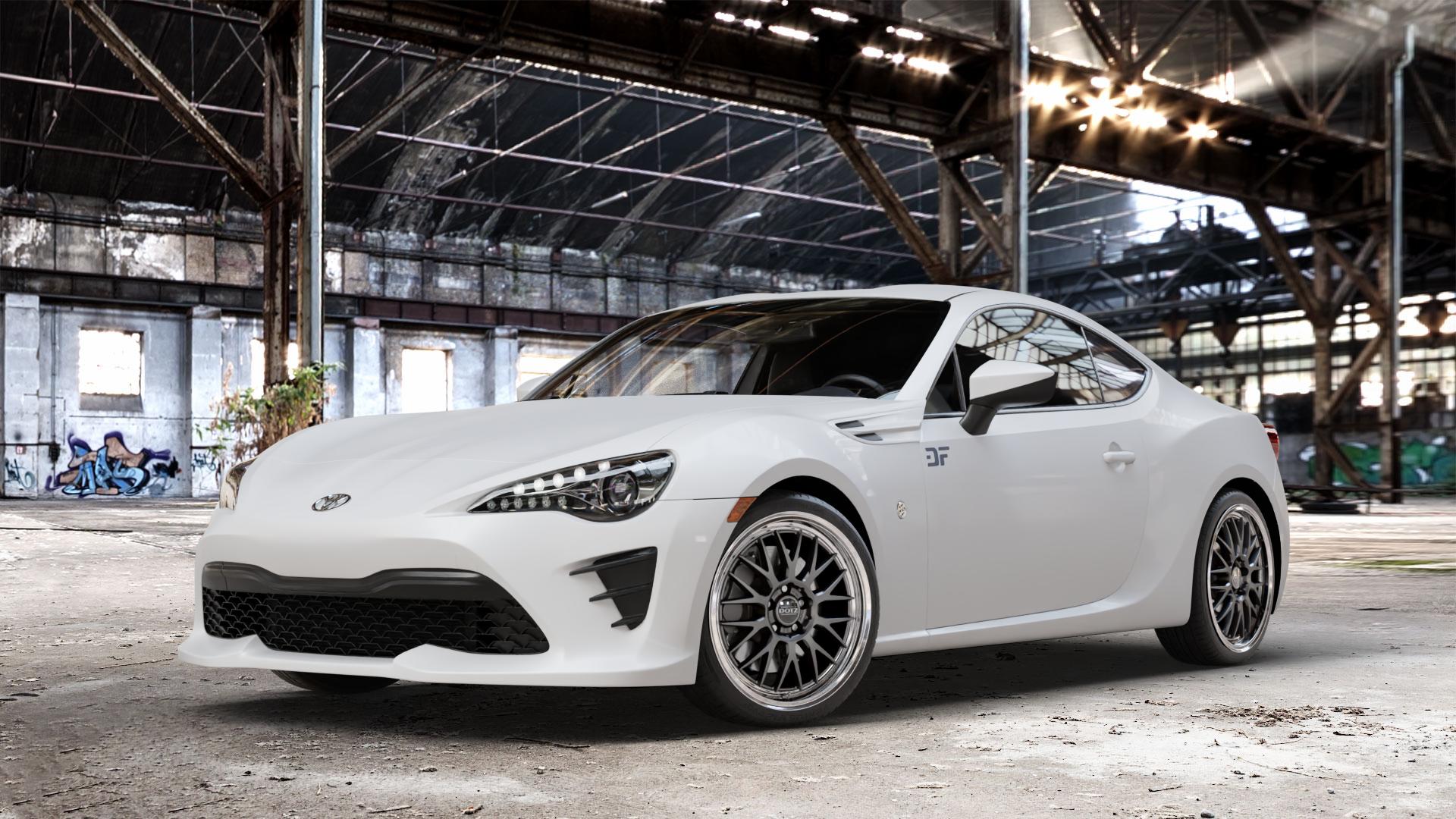 DOTZ BILBAO GUNMETAL/POLISHED LIP Felge mit Reifen grau silber mehrfarbig anthrazit in 18Zoll Winterfelge Alufelge auf weissem Toyota GT86 Typ GC/GF ZN Facelift ⬇️ mit 15mm Tieferlegung ⬇️ Old Industrial Hall_max_4400mm_2024 Frontansicht_1