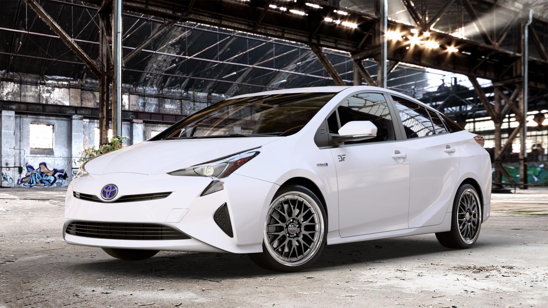 DOTZ BILBAO GUNMETAL/POLISHED LIP Felge mit Reifen grau silber mehrfarbig anthrazit in 18Zoll Winterfelge Alufelge auf weissem Toyota Prius IV Typ XW5 ⬇️ mit 15mm Tieferlegung ⬇️ Old Industrial Hall_max_4400mm_2024 Frontansicht_1