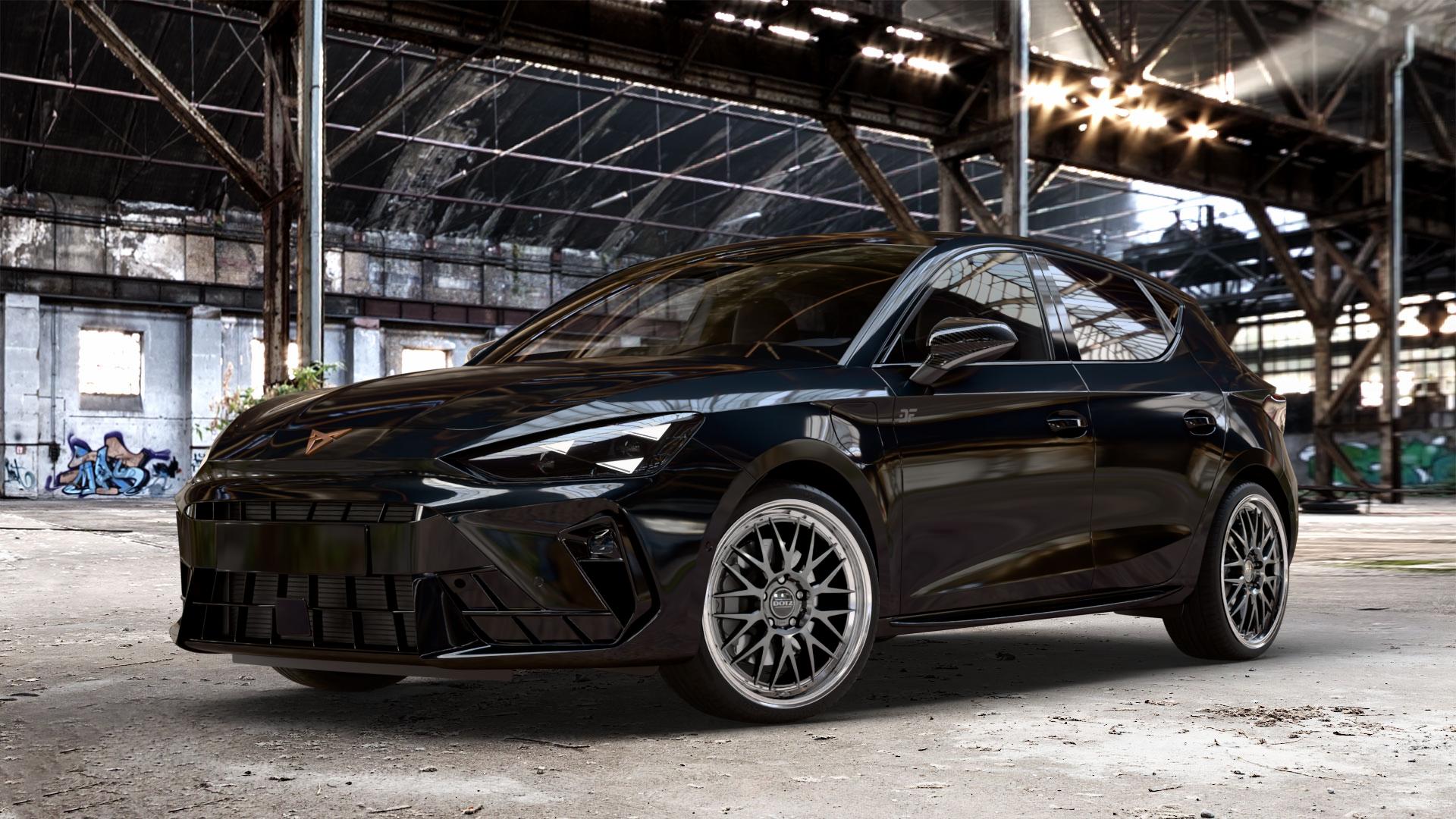 DOTZ BILBAO GUNMETAL/POLISHED LIP Felge mit Reifen grau silber mehrfarbig anthrazit in 19Zoll Winterfelge Alufelge auf metallic schwarzem Cupra Leon Typ KL Facelift ⬇️ mit 15mm Tieferlegung ⬇️ Old Industrial Hall_max_4400mm_2024 Frontansicht_1