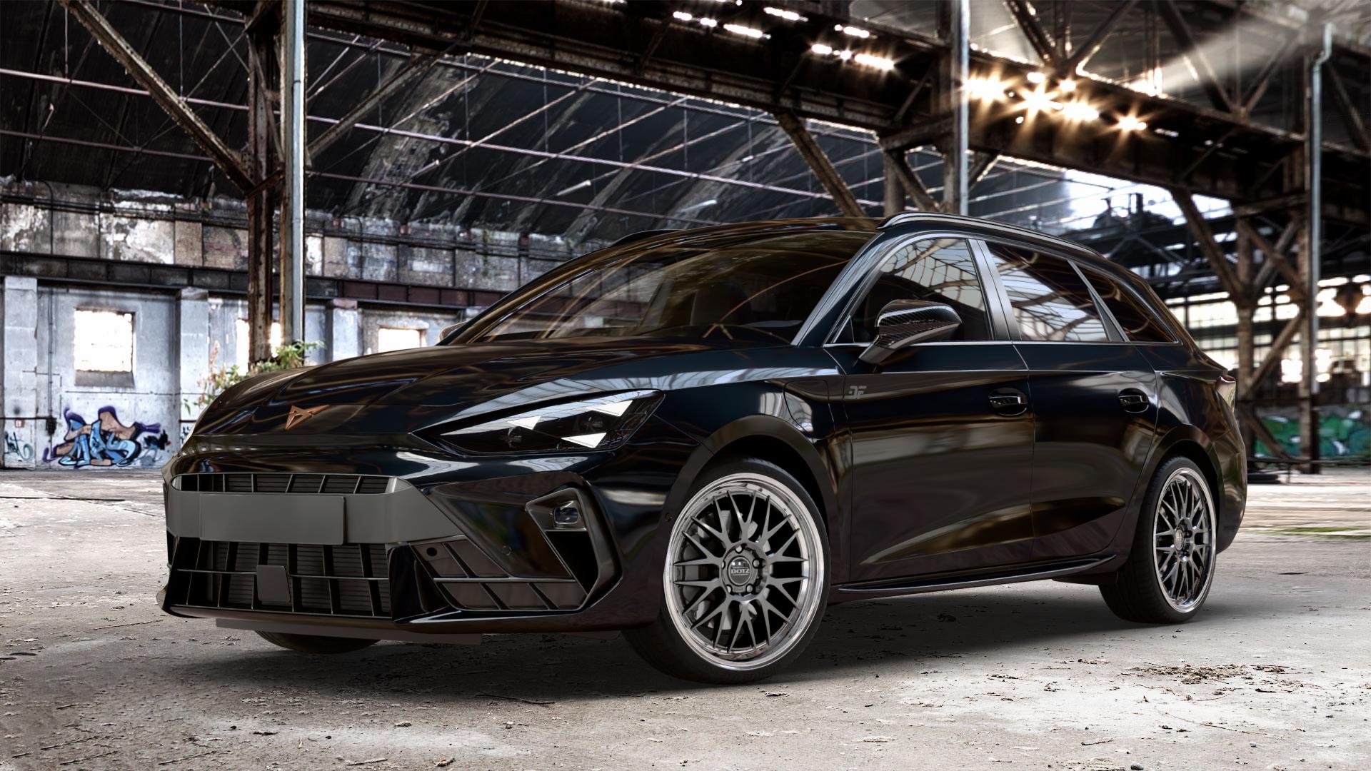 DOTZ BILBAO GUNMETAL/POLISHED LIP Felge mit Reifen grau silber mehrfarbig anthrazit in 19Zoll Winterfelge Alufelge auf metallic schwarzem Cupra Leon Typ KL ST Facelift ⬇️ mit 15mm Tieferlegung ⬇️ Old Industrial Hall_max_4400mm_2024 Frontansicht_1