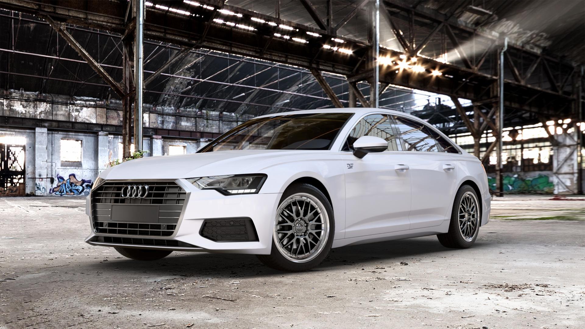 DOTZ BILBAO GUNMETAL/POLISHED LIP Felge mit Reifen grau silber mehrfarbig anthrazit in 19Zoll Winterfelge Alufelge auf weissem Audi A6 Typ F2/C8 (Limousine) ⬇️ mit 15mm Tieferlegung ⬇️ Old Industrial Hall_max_5300mm_2024 Frontansicht_1