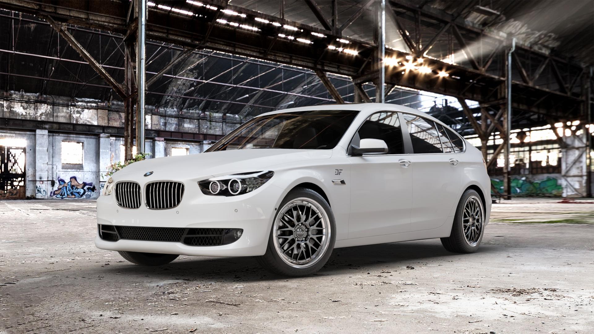 DOTZ BILBAO GUNMETAL/POLISHED LIP Felge mit Reifen grau silber mehrfarbig anthrazit in 19Zoll Winterfelge Alufelge auf weissem BMW 535i GT Typ F07 xDrive 550i 530d 535d 520d 528i 5er Gran Turismo (GT, K-N1) ⬇️ mit 15mm Tieferlegung ⬇️ Old Industrial Hall_max_5300mm_2024 Frontansicht_1