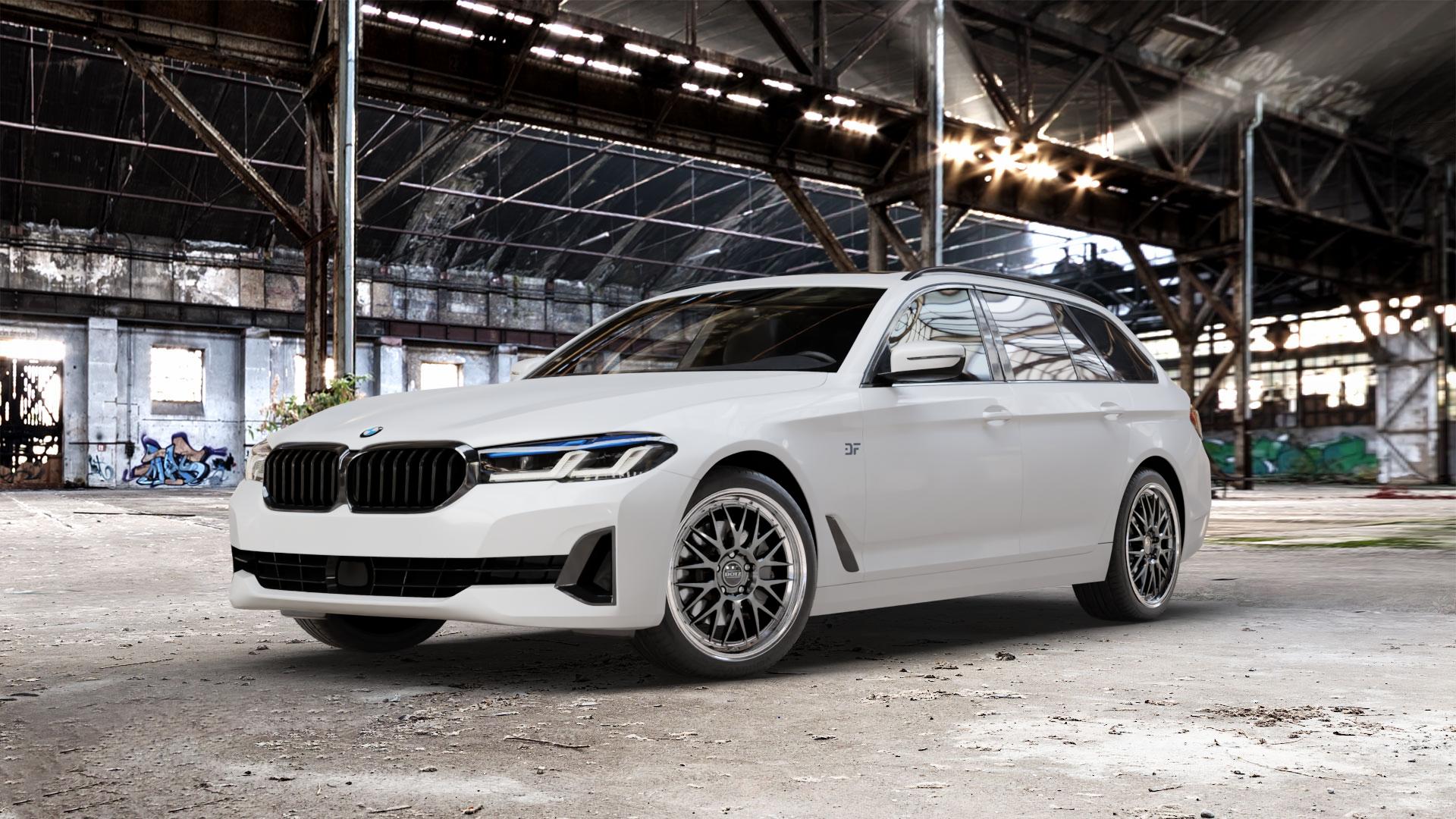 DOTZ BILBAO GUNMETAL/POLISHED LIP Felge mit Reifen grau silber mehrfarbig anthrazit in 19Zoll Winterfelge Alufelge auf weissem BMW 5er G31 Touring (G5K) Facelift ⬇️ mit 15mm Tieferlegung ⬇️ Old Industrial Hall_max_5300mm_2024 Frontansicht_1