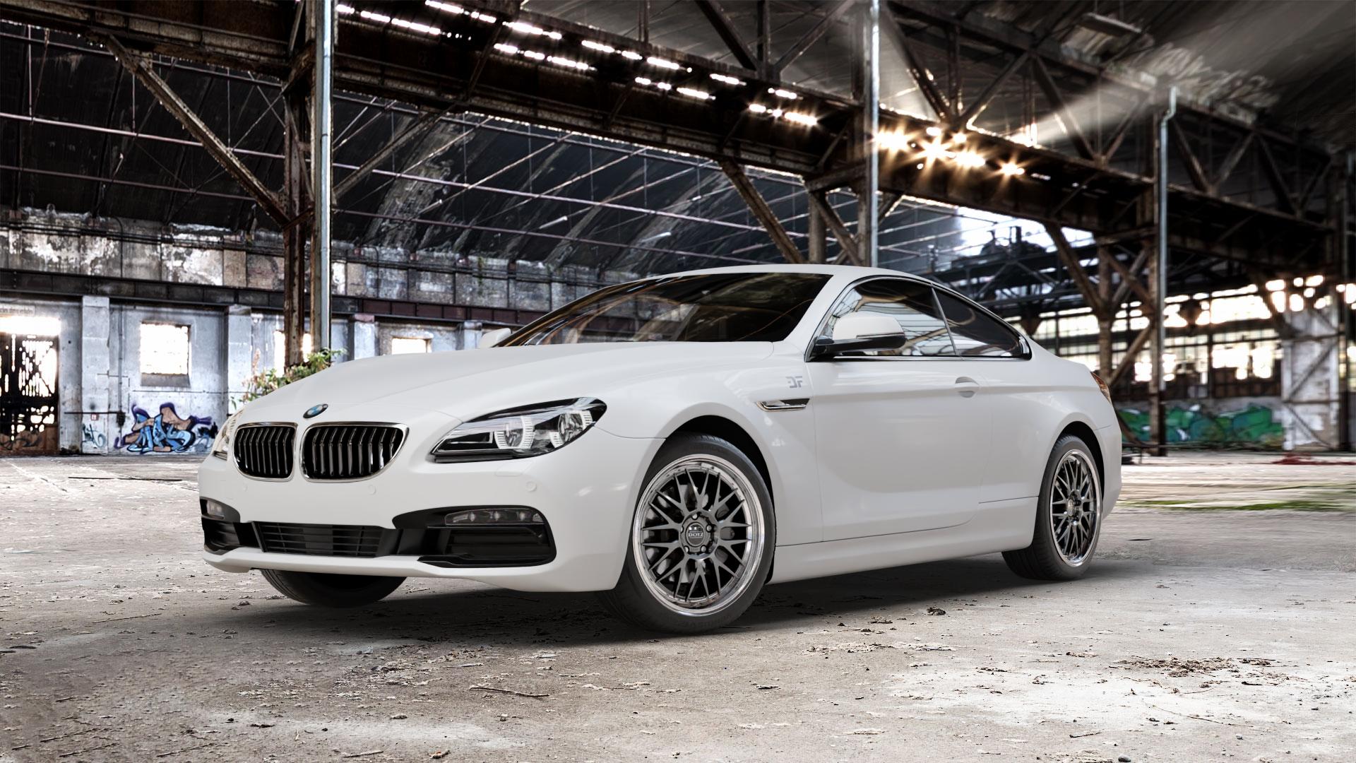 DOTZ BILBAO GUNMETAL/POLISHED LIP Felge mit Reifen grau silber mehrfarbig anthrazit in 19Zoll Winterfelge Alufelge auf weissem BMW 640i Typ F13 (Coupe) 650i 640d xDrive ⬇️ mit 15mm Tieferlegung ⬇️ Old Industrial Hall_max_5300mm_2024 Frontansicht_1
