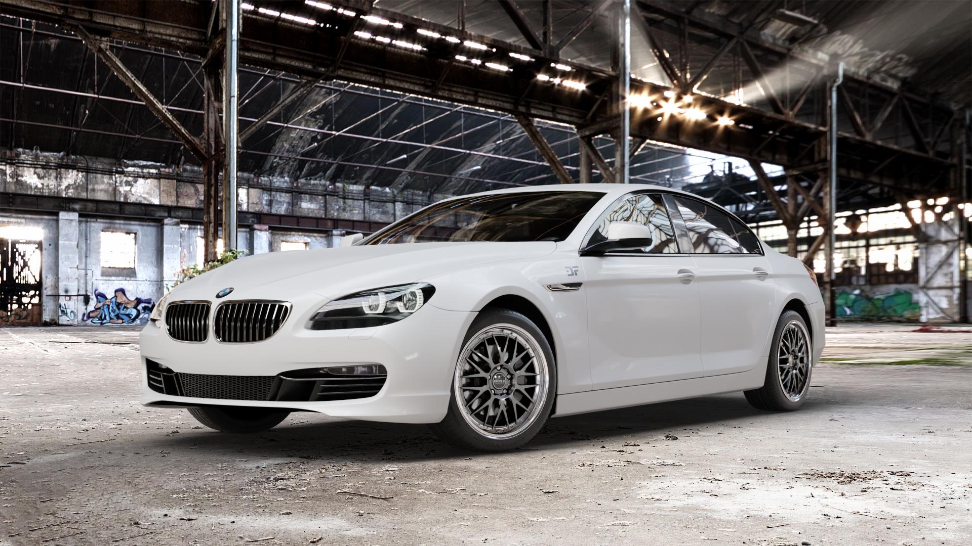 DOTZ BILBAO GUNMETAL/POLISHED LIP Felge mit Reifen grau silber mehrfarbig anthrazit in 19Zoll Winterfelge Alufelge auf weissem BMW 6er F06 Gran Coupe (6C) ⬇️ mit 15mm Tieferlegung ⬇️ Old Industrial Hall_max_5300mm_2024 Frontansicht_1
