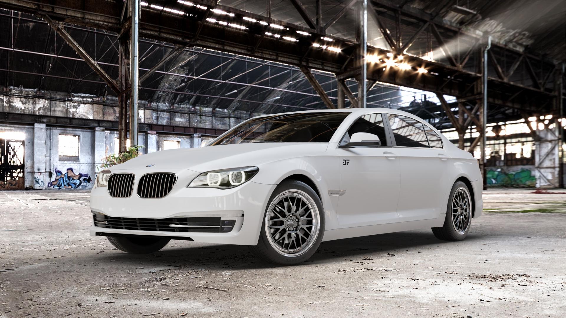 DOTZ BILBAO GUNMETAL/POLISHED LIP Felge mit Reifen grau silber mehrfarbig anthrazit in 19Zoll Winterfelge Alufelge auf weissem BMW 7er F01 Limousine (7L, 701, HY) F02 lang ⬇️ mit 15mm Tieferlegung ⬇️ Old Industrial Hall_max_5300mm_2024 Frontansicht_1