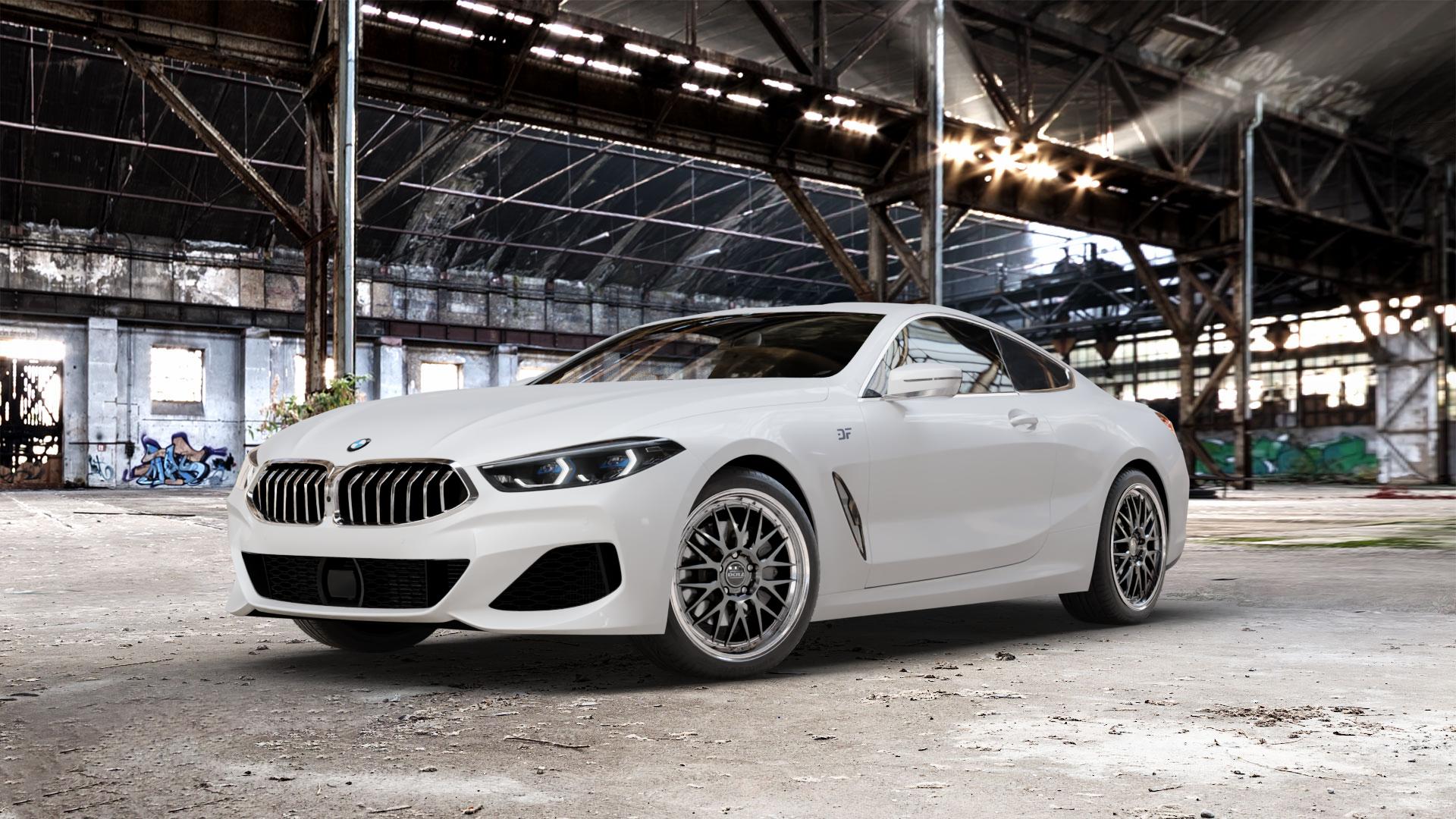 DOTZ BILBAO GUNMETAL/POLISHED LIP Felge mit Reifen grau silber mehrfarbig anthrazit in 19Zoll Winterfelge Alufelge auf weissem BMW 840d xDrive Typ G15 M850i 840i M8 F8CM (Coupe) 8er Coupé (G8C) ⬇️ mit 15mm Tieferlegung ⬇️ Old Industrial Hall_max_5300mm_2024 Frontansicht_1