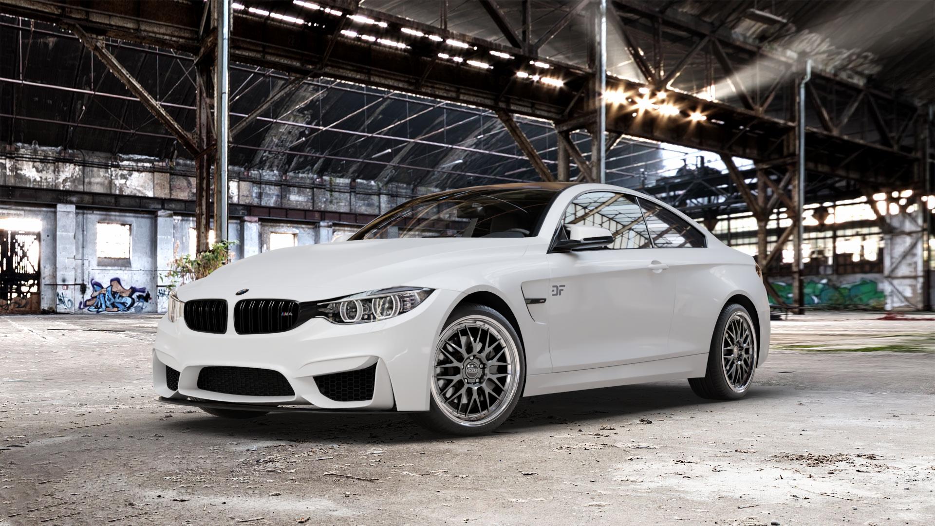 DOTZ BILBAO GUNMETAL/POLISHED LIP Felge mit Reifen grau silber mehrfarbig anthrazit in 19Zoll Winterfelge Alufelge auf weissem BMW M4 CS Typ F82 3,0l 338kW (460 PS) (Coupe) ⬇️ mit 15mm Tieferlegung ⬇️ Old Industrial Hall_max_5300mm_2024 Frontansicht_1
