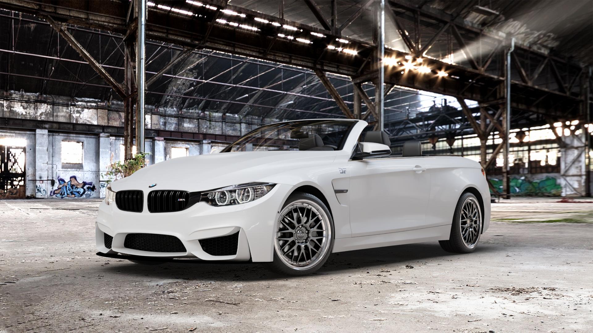 DOTZ BILBAO GUNMETAL/POLISHED LIP Felge mit Reifen grau silber mehrfarbig anthrazit in 19Zoll Winterfelge Alufelge auf weissem BMW M4 Typ F83 (Cabrio) 3,0l 317kW (431 PS) 331kW Competition (450 ⬇️ mit 15mm Tieferlegung ⬇️ Old Industrial Hall_max_5300mm_2024 Frontansicht_1