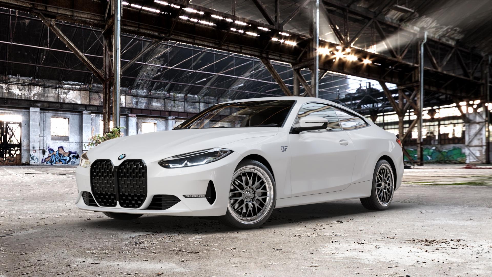 DOTZ BILBAO GUNMETAL/POLISHED LIP Felge mit Reifen grau silber mehrfarbig anthrazit in 19Zoll Winterfelge Alufelge auf weissem BMW M4 Typ G82 (Coupe) CSL 4er G22 Coupé (G3C) ⬇️ mit 15mm Tieferlegung ⬇️ Old Industrial Hall_max_5300mm_2024 Frontansicht_1