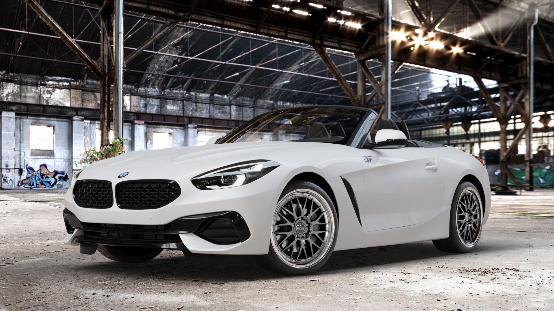 DOTZ BILBAO GUNMETAL/POLISHED LIP Felge mit Reifen grau silber mehrfarbig anthrazit in 19Zoll Winterfelge Alufelge auf weissem BMW Z4 Roadster Typ G29 (G4Z) Z1 Z8 ⬇️ mit 15mm Tieferlegung ⬇️ Old Industrial Hall_max_4400mm_2024 Frontansicht_1