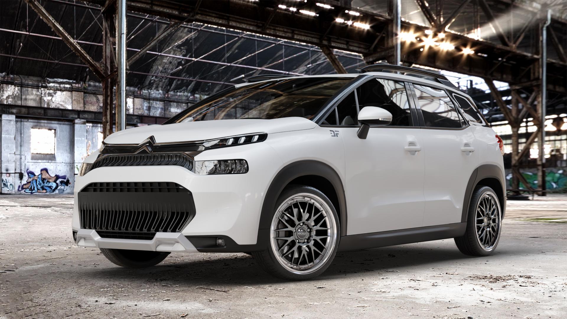 DOTZ BILBAO GUNMETAL/POLISHED LIP Felge mit Reifen grau silber mehrfarbig anthrazit in 19Zoll Winterfelge Alufelge auf weissem Citroen C3 Aircross Typ 2 Facelift ⬇️ mit 15mm Tieferlegung ⬇️ Old Industrial Hall_max_4400mm_2024 Frontansicht_1
