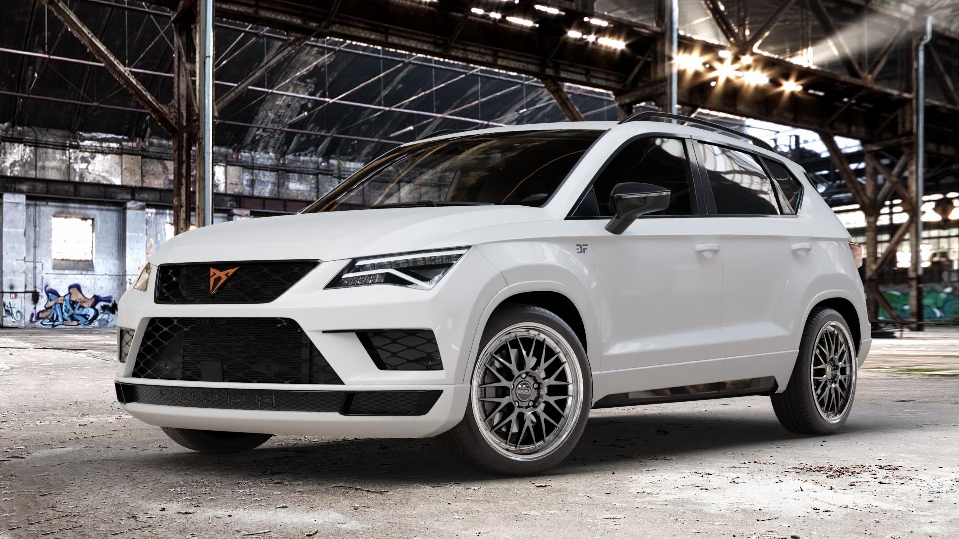 DOTZ BILBAO GUNMETAL/POLISHED LIP Felge mit Reifen grau silber mehrfarbig anthrazit in 19Zoll Winterfelge Alufelge auf weissem Cupra Ateca Typ 5FP 2,0l TFSI 4Drive 221kW (300 PS) ⬇️ mit 15mm Tieferlegung ⬇️ Old Industrial Hall_max_4400mm_2024 Frontansicht_1