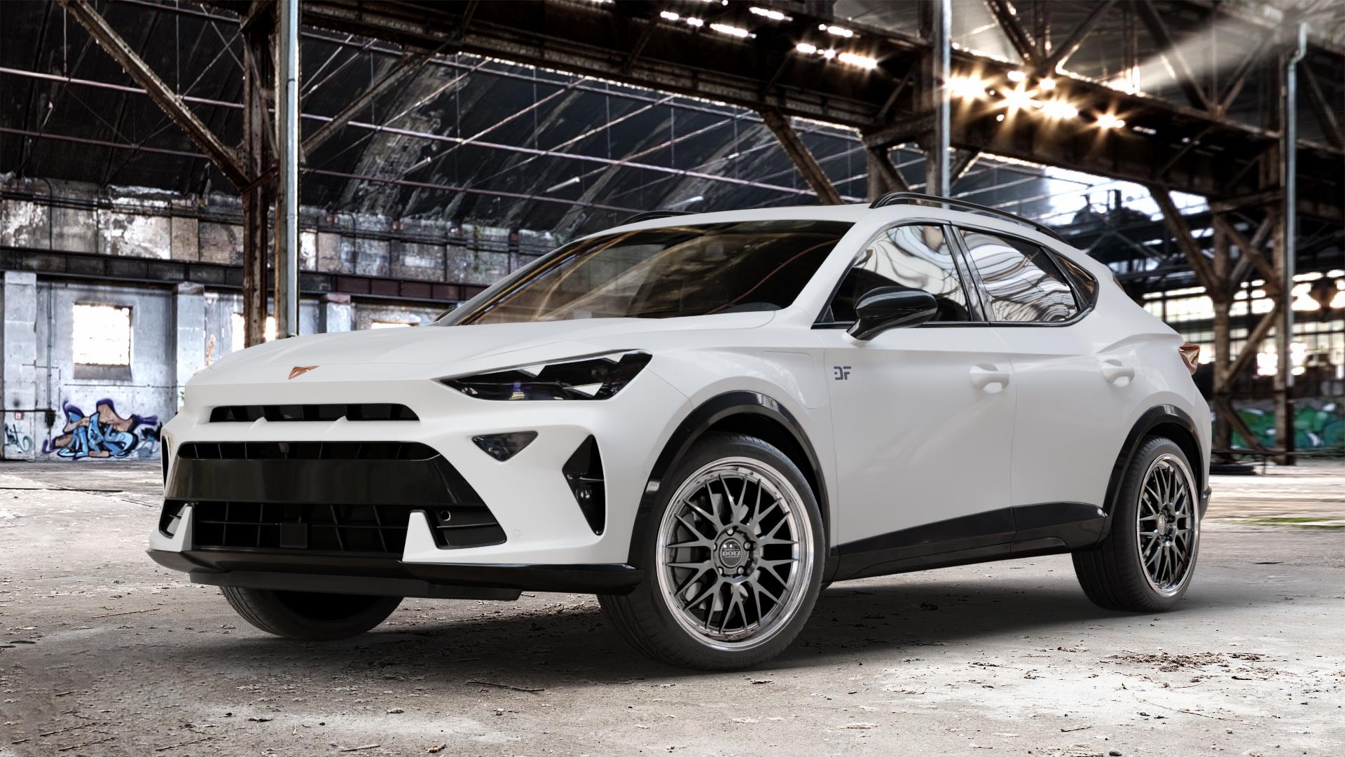 DOTZ BILBAO GUNMETAL/POLISHED LIP Felge mit Reifen grau silber mehrfarbig anthrazit in 19Zoll Winterfelge Alufelge auf weissem Cupra Formentor Typ KM Facelift ⬇️ mit 15mm Tieferlegung ⬇️ Old Industrial Hall_max_4400mm_2024 Frontansicht_1
