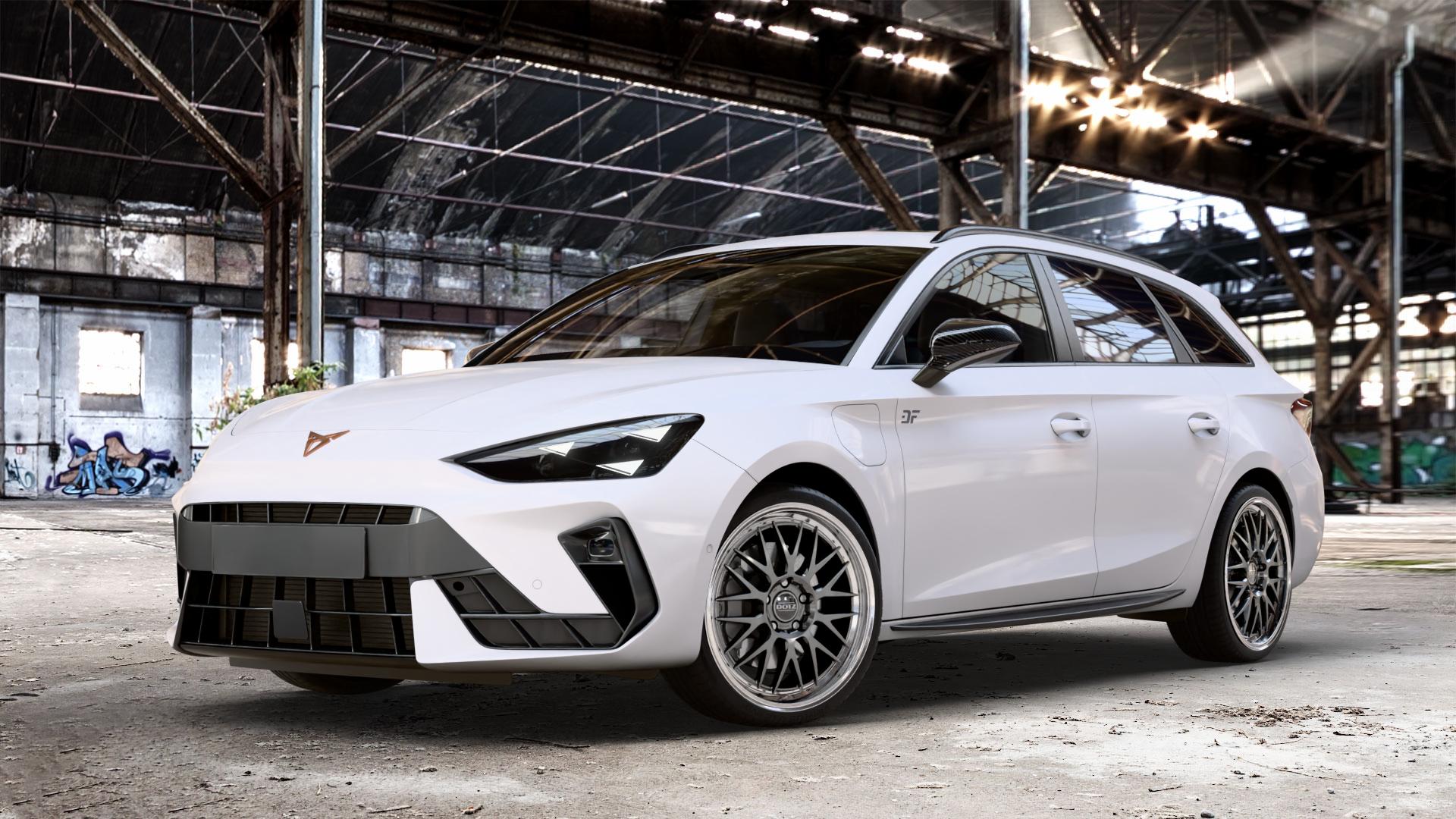 DOTZ BILBAO GUNMETAL/POLISHED LIP Felge mit Reifen grau silber mehrfarbig anthrazit in 19Zoll Winterfelge Alufelge auf weissem Cupra Leon Typ KL ST Facelift ⬇️ mit 15mm Tieferlegung ⬇️ Old Industrial Hall_max_4400mm_2024 Frontansicht_1
