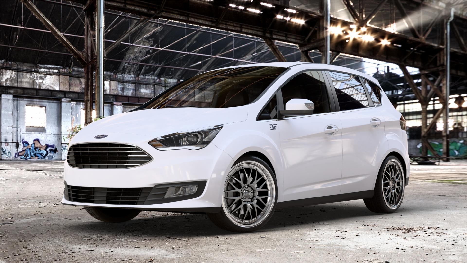 DOTZ BILBAO GUNMETAL/POLISHED LIP Felge mit Reifen grau silber mehrfarbig anthrazit in 19Zoll Winterfelge Alufelge auf weissem Ford C-Max II Typ DXA Facelift (15->) ⬇️ mit 15mm Tieferlegung ⬇️ Old Industrial Hall_max_4400mm_2024 Frontansicht_1