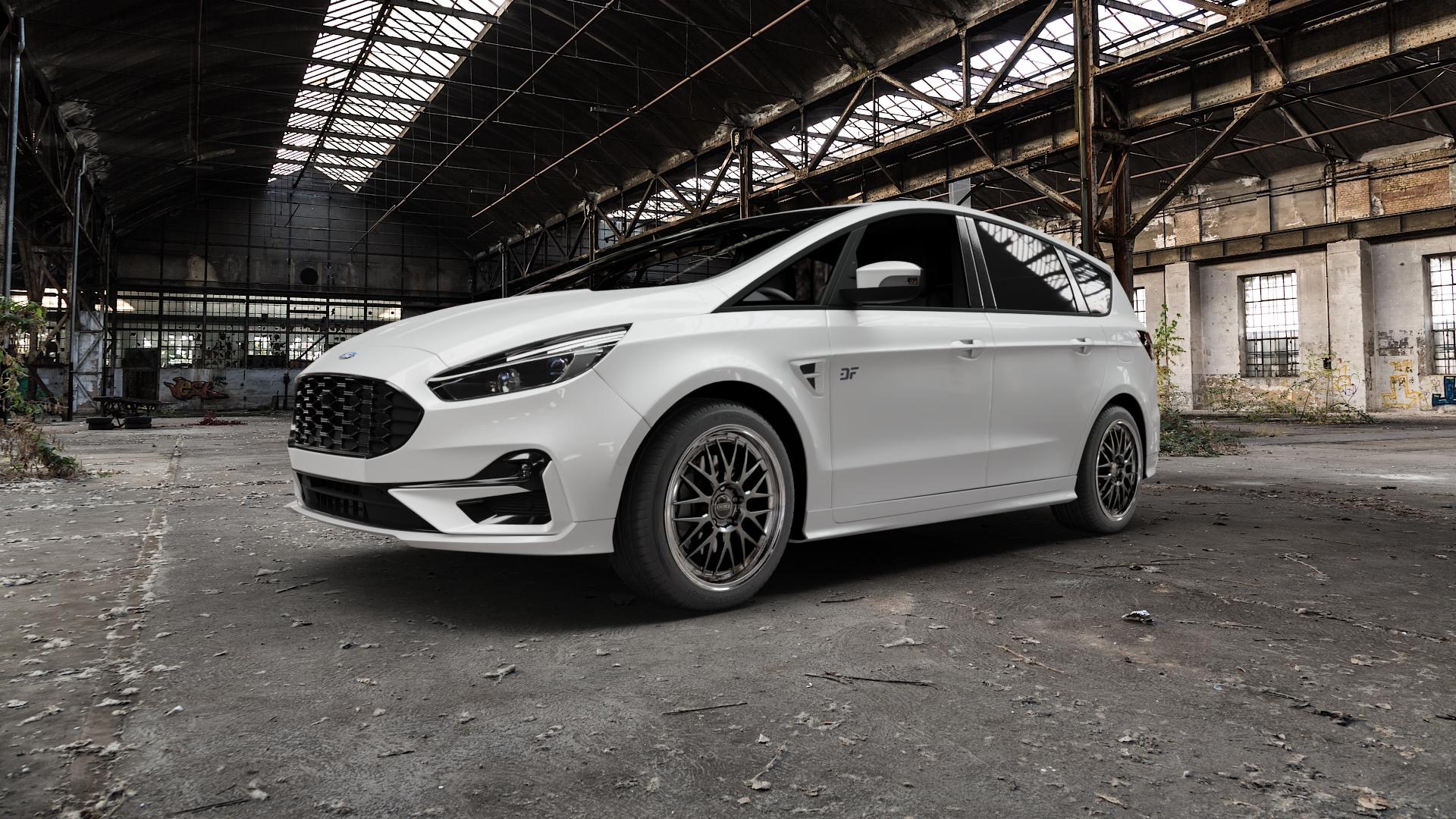 DOTZ BILBAO GUNMETAL/POLISHED LIP Felge mit Reifen grau silber mehrfarbig anthrazit in 19Zoll Winterfelge Alufelge auf weissem Ford S-Max Typ WAH6 ⬇️ mit 15mm Tieferlegung ⬇️ Old Industrial Hall_max5000mm_2022 Frontansicht_1