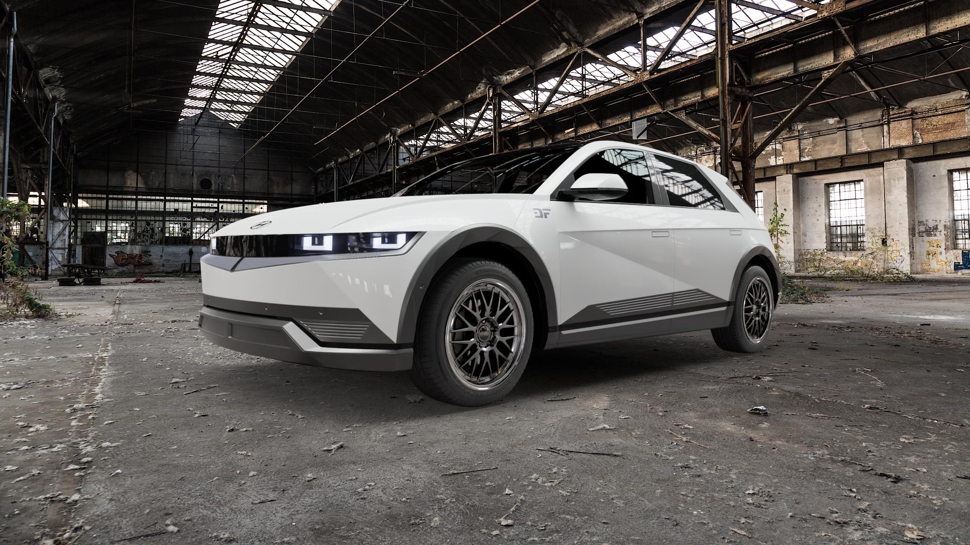 DOTZ BILBAO GUNMETAL/POLISHED LIP Felge mit Reifen grau silber mehrfarbig anthrazit in 19Zoll Winterfelge Alufelge auf weissem Hyundai Ioniq 5 Typ NE 0,0l 60kW 4WD (82 PS) 53kW 2WD (72 42kW (57 76kW (103 ⬇️ mit 15mm Tieferlegung ⬇️ Old Industrial Hall_max5000mm_2022 Frontansicht_1