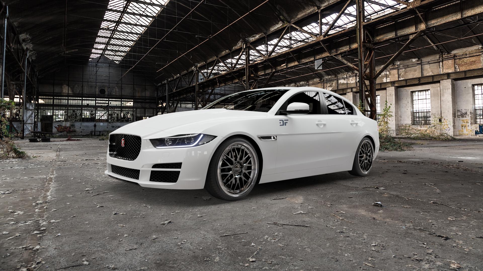 DOTZ BILBAO GUNMETAL/POLISHED LIP Felge mit Reifen grau silber mehrfarbig anthrazit in 19Zoll Winterfelge Alufelge auf weissem Jaguar XE Typ JA ⬇️ mit 15mm Tieferlegung ⬇️ Old Industrial Hall_max5000mm_2022 Frontansicht_1