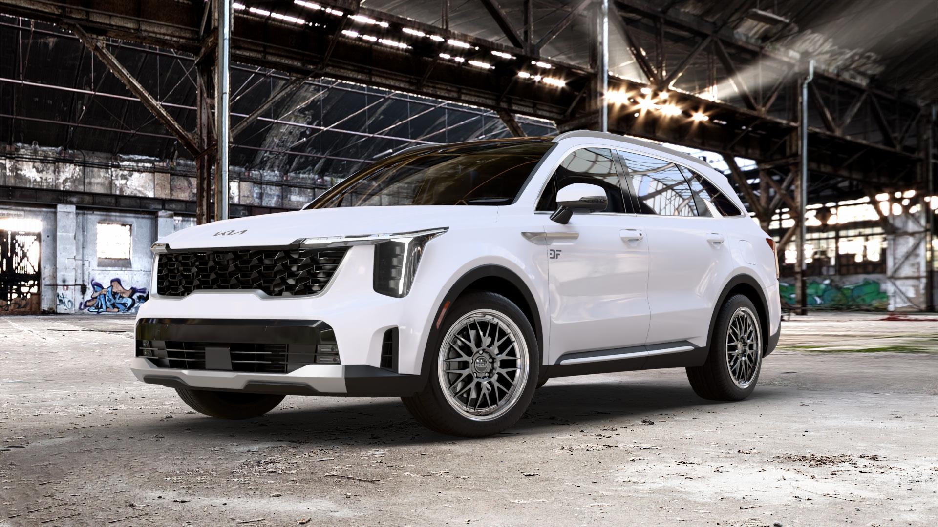 DOTZ BILBAO GUNMETAL/POLISHED LIP Felge mit Reifen grau silber mehrfarbig anthrazit in 19Zoll Winterfelge Alufelge auf weissem Kia Sorento IV Typ MQ4 Facelift 1,6l T-GDI 118kW Plugin-Hybrid (160 PS) Mild-Hybrid ⬇️ mit 15mm Tieferlegung ⬇️ Old Industrial Hall_max_5300mm_2024 Frontansicht_1