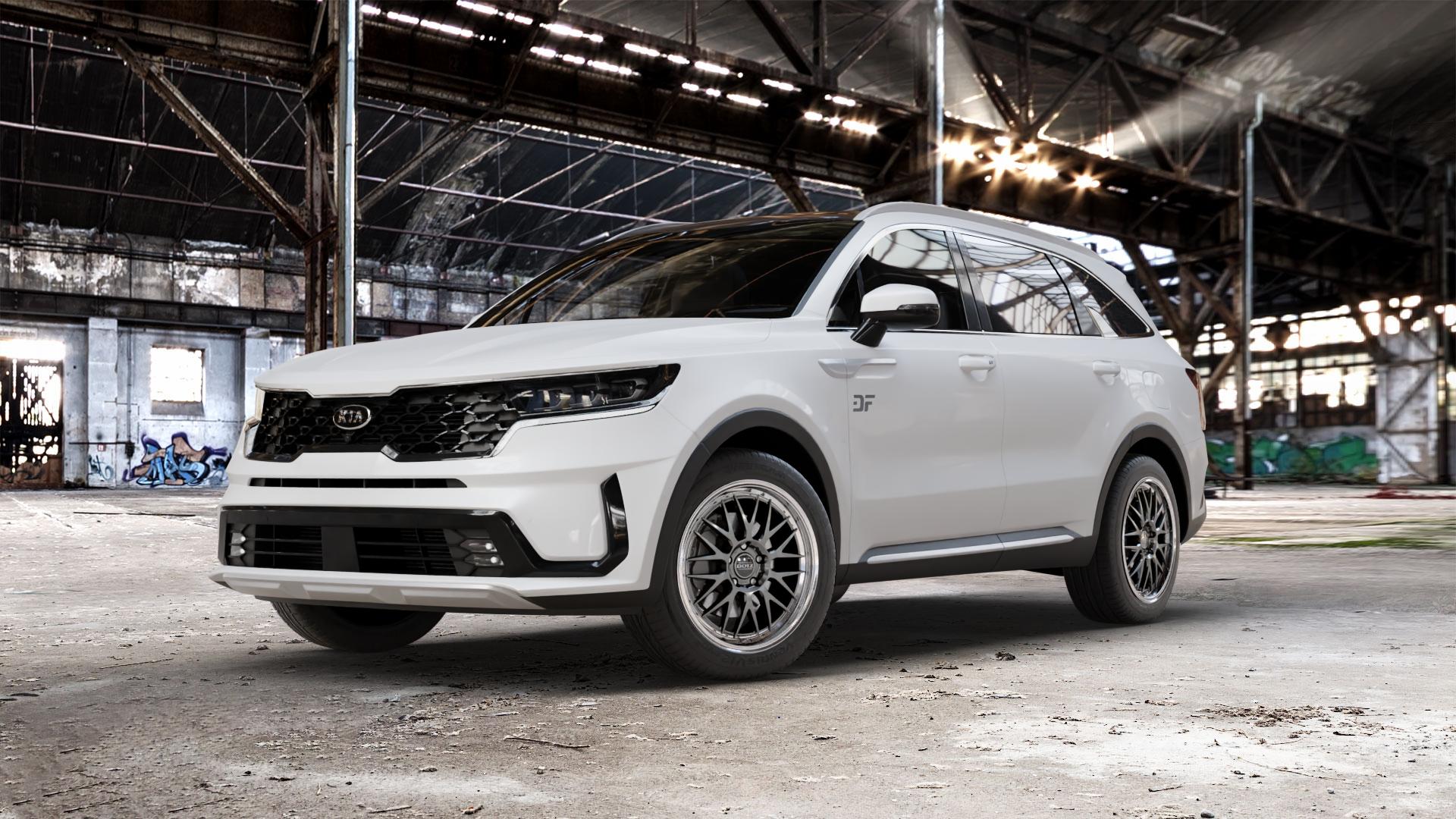 DOTZ BILBAO GUNMETAL/POLISHED LIP Felge mit Reifen grau silber mehrfarbig anthrazit in 19Zoll Winterfelge Alufelge auf weissem Kia Sorento IV Typ MQ4 ⬇️ mit 15mm Tieferlegung ⬇️ Old Industrial Hall_max_5300mm_2024 Frontansicht_1