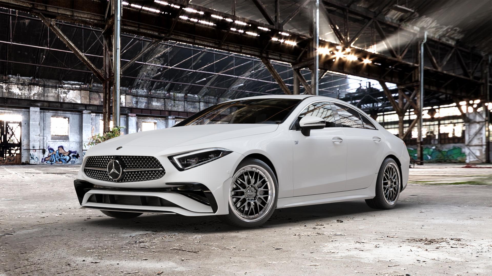 DOTZ BILBAO GUNMETAL/POLISHED LIP Felge mit Reifen grau silber mehrfarbig anthrazit in 19Zoll Winterfelge Alufelge auf weissem Mercedes CLS Typ C257 Facelift ⬇️ mit 15mm Tieferlegung ⬇️ Old Industrial Hall_max_5300mm_2024 Frontansicht_1