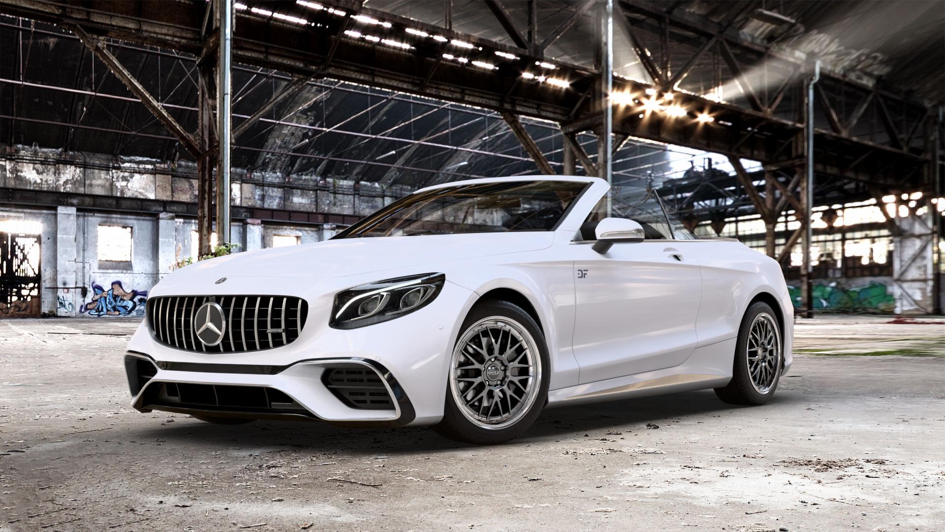 DOTZ BILBAO GUNMETAL/POLISHED LIP Felge mit Reifen grau silber mehrfarbig anthrazit in 19Zoll Winterfelge Alufelge auf weissem Mercedes S-Klasse Cabrio Typ 217 5,5l S 63 AMG 4Matic 430kW (585 PS) 6,0l 65 463kW (630 Facelift 4,0l 450kW (612 ⬇️ mit 15mm Tieferlegung ⬇️ Old Industrial Hall_max_5300mm_2024 Frontansicht_1