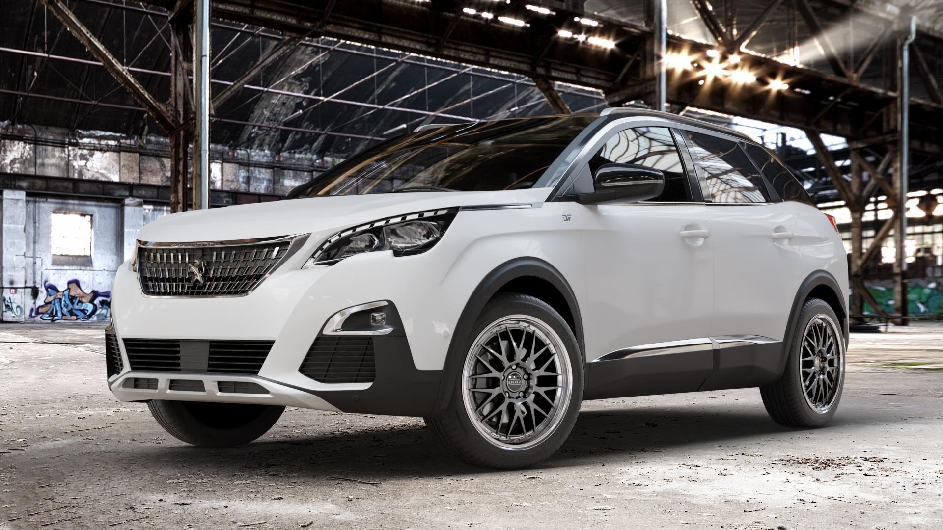 DOTZ BILBAO GUNMETAL/POLISHED LIP Felge mit Reifen grau silber mehrfarbig anthrazit in 19Zoll Winterfelge Alufelge auf weissem Peugeot 3008 II Typ M ⬇️ mit 15mm Tieferlegung ⬇️ Old Industrial Hall_max_4400mm_2024 Frontansicht_1