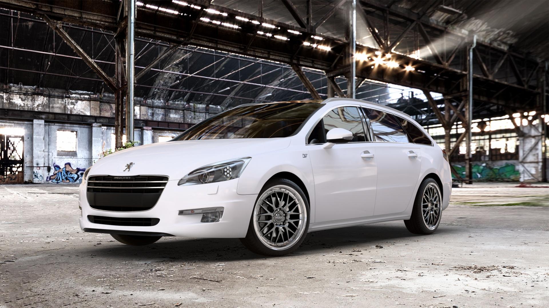 DOTZ BILBAO GUNMETAL/POLISHED LIP Felge mit Reifen grau silber mehrfarbig anthrazit in 19Zoll Winterfelge Alufelge auf weissem Peugeot 508 Typ 8 SW ⬇️ mit 15mm Tieferlegung ⬇️ Old Industrial Hall_max_5300mm_2024 Frontansicht_1