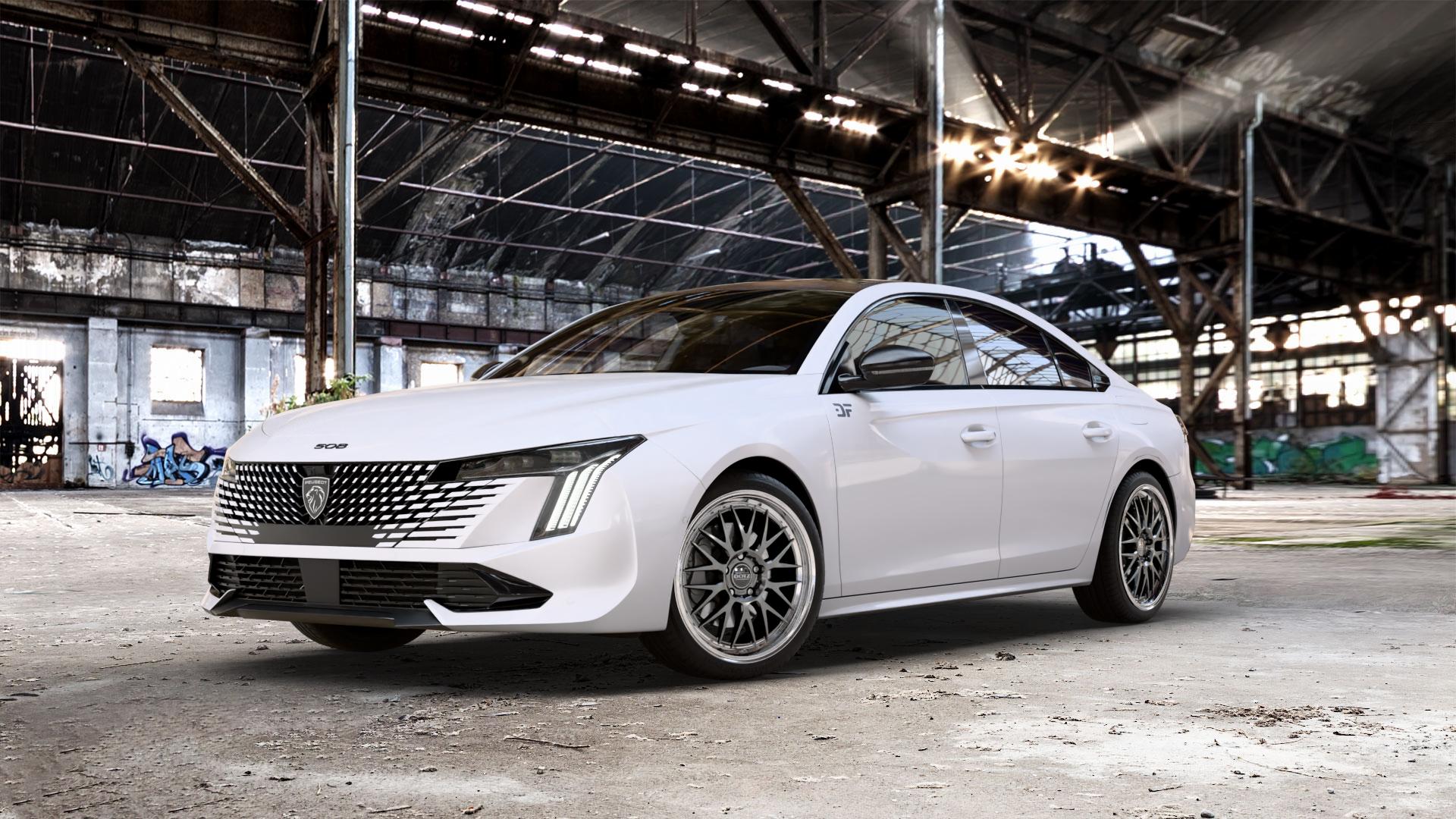 DOTZ BILBAO GUNMETAL/POLISHED LIP Felge mit Reifen grau silber mehrfarbig anthrazit in 19Zoll Winterfelge Alufelge auf weissem Peugeot 508 Typ F Limousine Facelift ⬇️ mit 15mm Tieferlegung ⬇️ Old Industrial Hall_max_5300mm_2024 Frontansicht_1