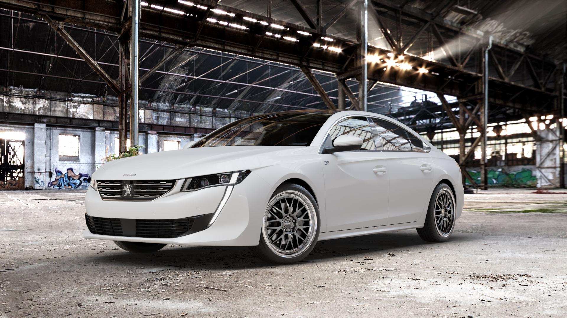 DOTZ BILBAO GUNMETAL/POLISHED LIP Felge mit Reifen grau silber mehrfarbig anthrazit in 19Zoll Winterfelge Alufelge auf weissem Peugeot 508 Typ F Limousine ⬇️ mit 15mm Tieferlegung ⬇️ Old Industrial Hall_max_5300mm_2024 Frontansicht_1