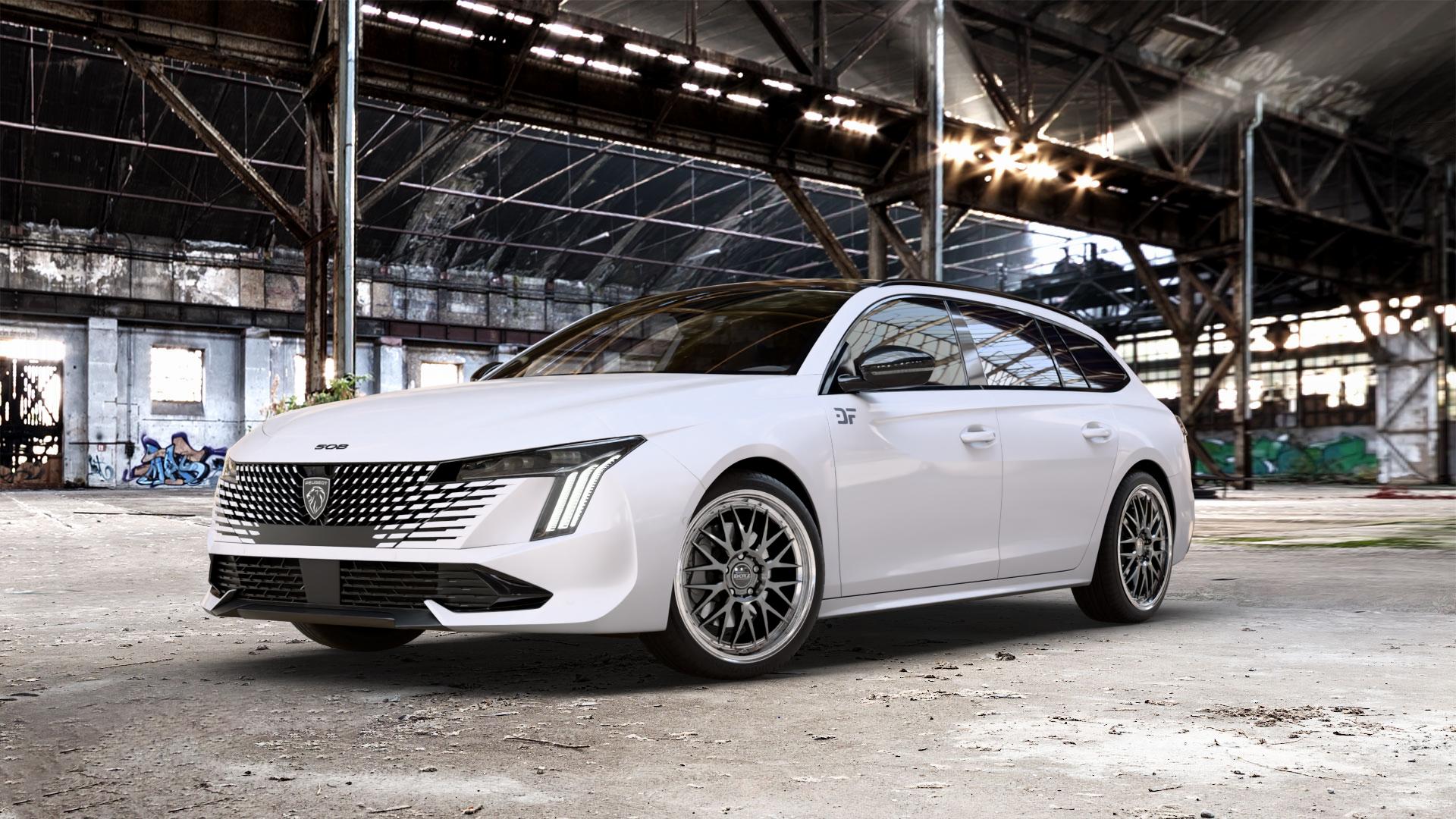 DOTZ BILBAO GUNMETAL/POLISHED LIP Felge mit Reifen grau silber mehrfarbig anthrazit in 19Zoll Winterfelge Alufelge auf weissem Peugeot 508 Typ F SW Facelift ⬇️ mit 15mm Tieferlegung ⬇️ Old Industrial Hall_max_5300mm_2024 Frontansicht_1