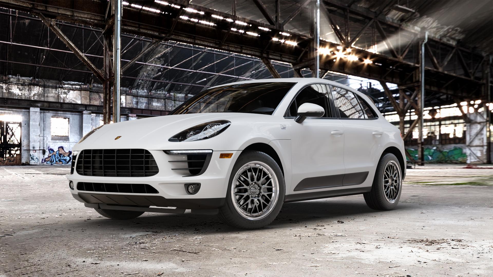 DOTZ BILBAO GUNMETAL/POLISHED LIP Felge mit Reifen grau silber mehrfarbig anthrazit in 19Zoll Winterfelge Alufelge auf weissem Porsche Macan Typ 95B ⬇️ mit 15mm Tieferlegung ⬇️ Old Industrial Hall_max_5300mm_2024 Frontansicht_1