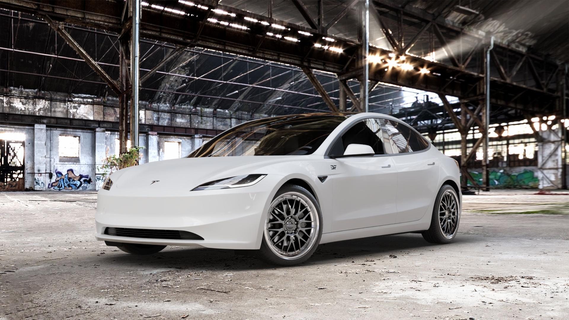 DOTZ BILBAO GUNMETAL/POLISHED LIP Felge mit Reifen grau silber mehrfarbig anthrazit in 19Zoll Winterfelge Alufelge auf weissem Tesla Model 3 Typ 003 Facelift ⬇️ mit 15mm Tieferlegung ⬇️ Old Industrial Hall_max_5300mm_2024 Frontansicht_1