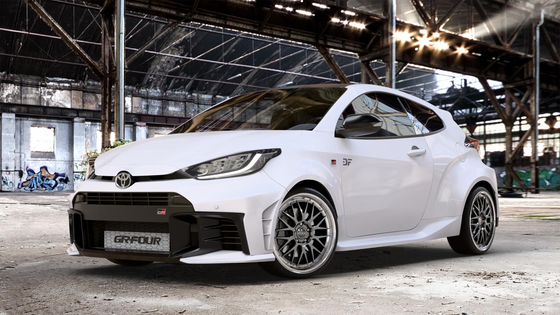 DOTZ BILBAO GUNMETAL/POLISHED LIP Felge mit Reifen grau silber mehrfarbig anthrazit in 19Zoll Winterfelge Alufelge auf weissem Toyota Yaris IV GR Typ XPA1G(EU,M) Facelift ⬇️ mit 15mm Tieferlegung ⬇️ Old Industrial Hall_max_4400mm_2024 Frontansicht_1