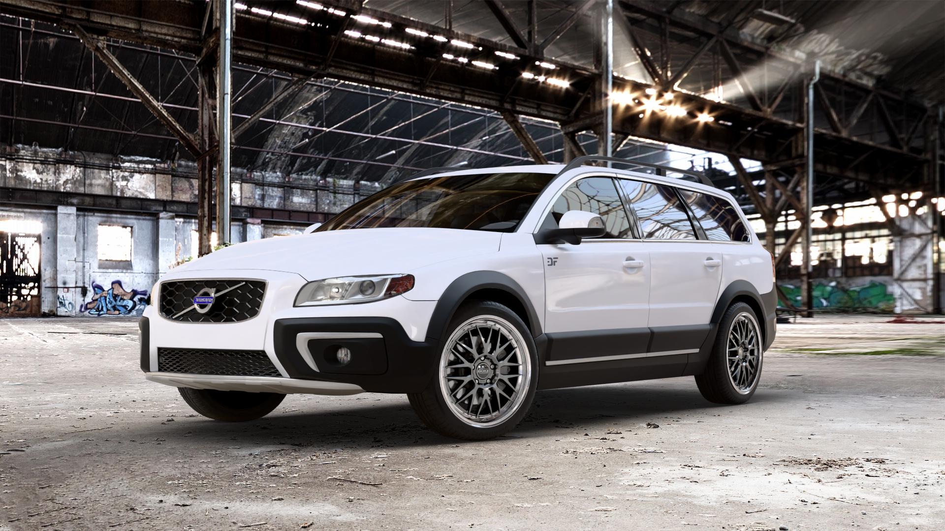 DOTZ BILBAO GUNMETAL/POLISHED LIP Felge mit Reifen grau silber mehrfarbig anthrazit in 19Zoll Winterfelge Alufelge auf weissem Volvo XC70 II Typ B ⬇️ mit 15mm Tieferlegung ⬇️ Old Industrial Hall_max_5300mm_2024 Frontansicht_1