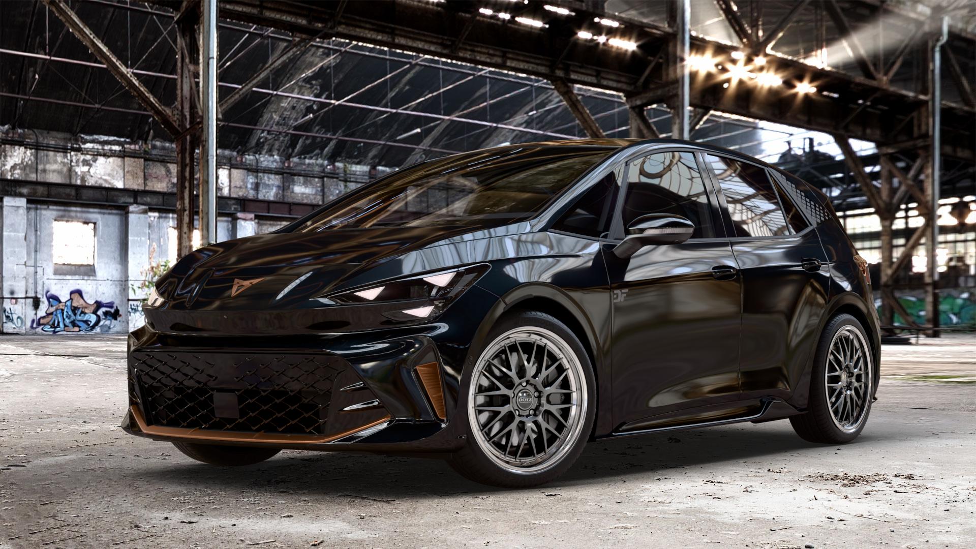 DOTZ BILBAO GUNMETAL/POLISHED LIP Felge mit Reifen grau silber mehrfarbig anthrazit in 20Zoll Winterfelge Alufelge auf metallic schwarzem Cupra Born Facelift Typ K1 ⬇️ mit 15mm Tieferlegung ⬇️ Old Industrial Hall_max_4400mm_2024 Frontansicht_1