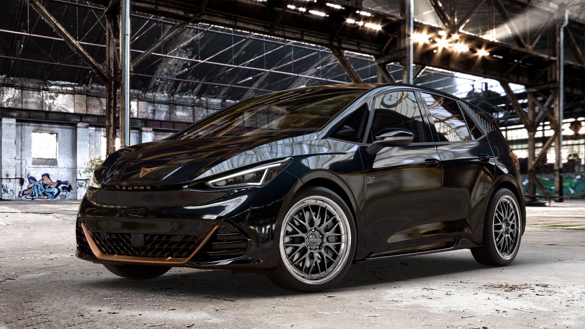 DOTZ BILBAO GUNMETAL/POLISHED LIP Felge mit Reifen grau silber mehrfarbig anthrazit in 20Zoll Winterfelge Alufelge auf metallic schwarzem Cupra Born Typ K1 ⬇️ mit 15mm Tieferlegung ⬇️ Old Industrial Hall_max_4400mm_2024 Frontansicht_1