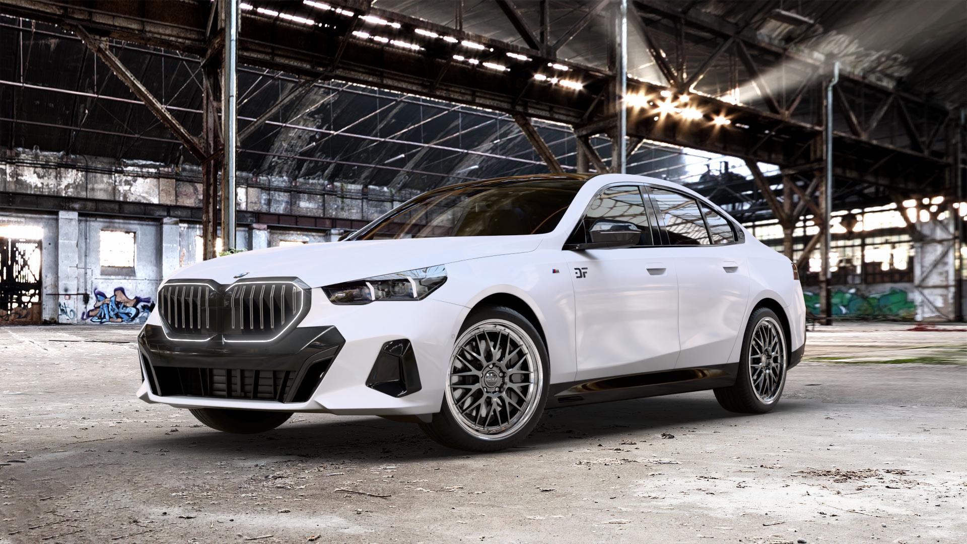 DOTZ BILBAO GUNMETAL/POLISHED LIP Felge mit Reifen grau silber mehrfarbig anthrazit in 20Zoll Winterfelge Alufelge auf weissem BMW 550e xDrive Typ G60 (Limousine) ⬇️ mit 15mm Tieferlegung ⬇️ Old Industrial Hall_max_5300mm_2024 Frontansicht_1