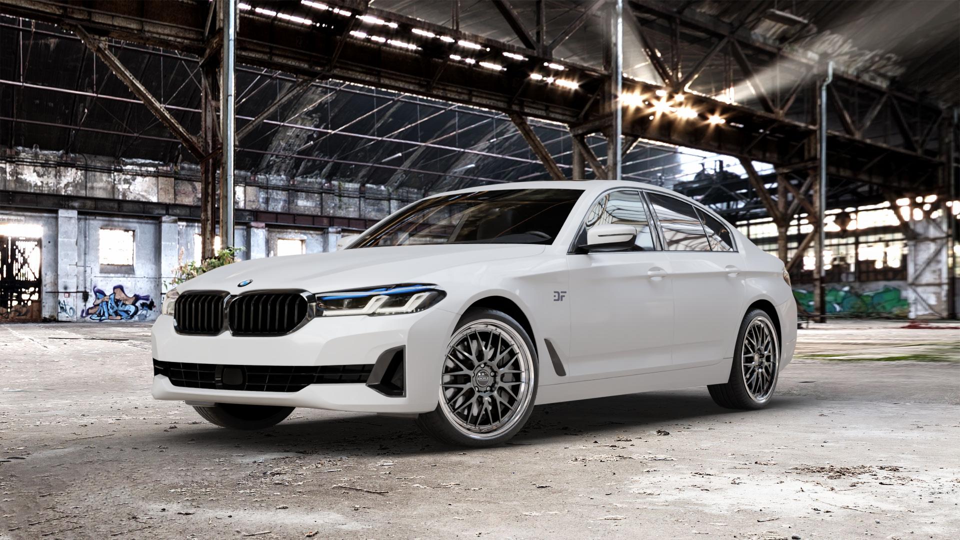 DOTZ BILBAO GUNMETAL/POLISHED LIP Felge mit Reifen grau silber mehrfarbig anthrazit in 20Zoll Winterfelge Alufelge auf weissem BMW 5er G30 Limousine (G5L) Facelift ⬇️ mit 15mm Tieferlegung ⬇️ Old Industrial Hall_max_5300mm_2024 Frontansicht_1
