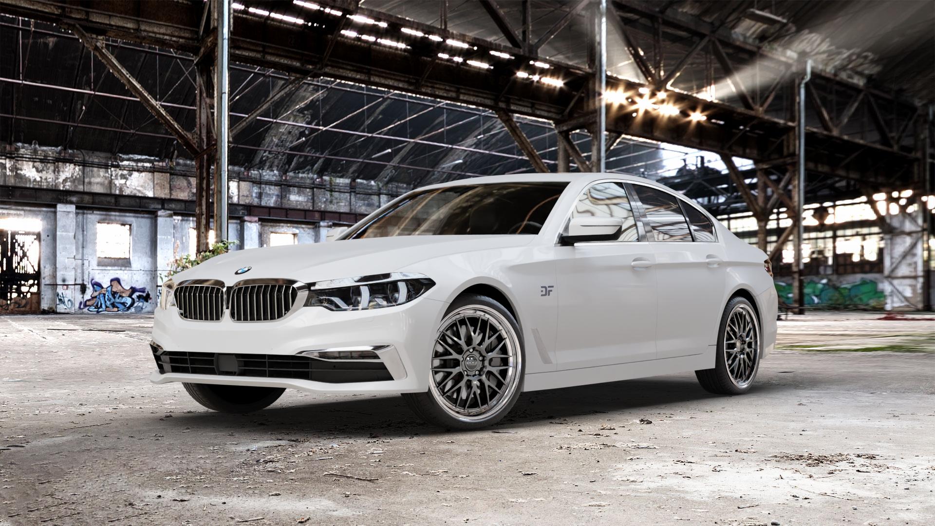 DOTZ BILBAO GUNMETAL/POLISHED LIP Felge mit Reifen grau silber mehrfarbig anthrazit in 20Zoll Winterfelge Alufelge auf weissem BMW 5er G30 Limousine (G5L) ⬇️ mit 15mm Tieferlegung ⬇️ Old Industrial Hall_max_5300mm_2024 Frontansicht_1