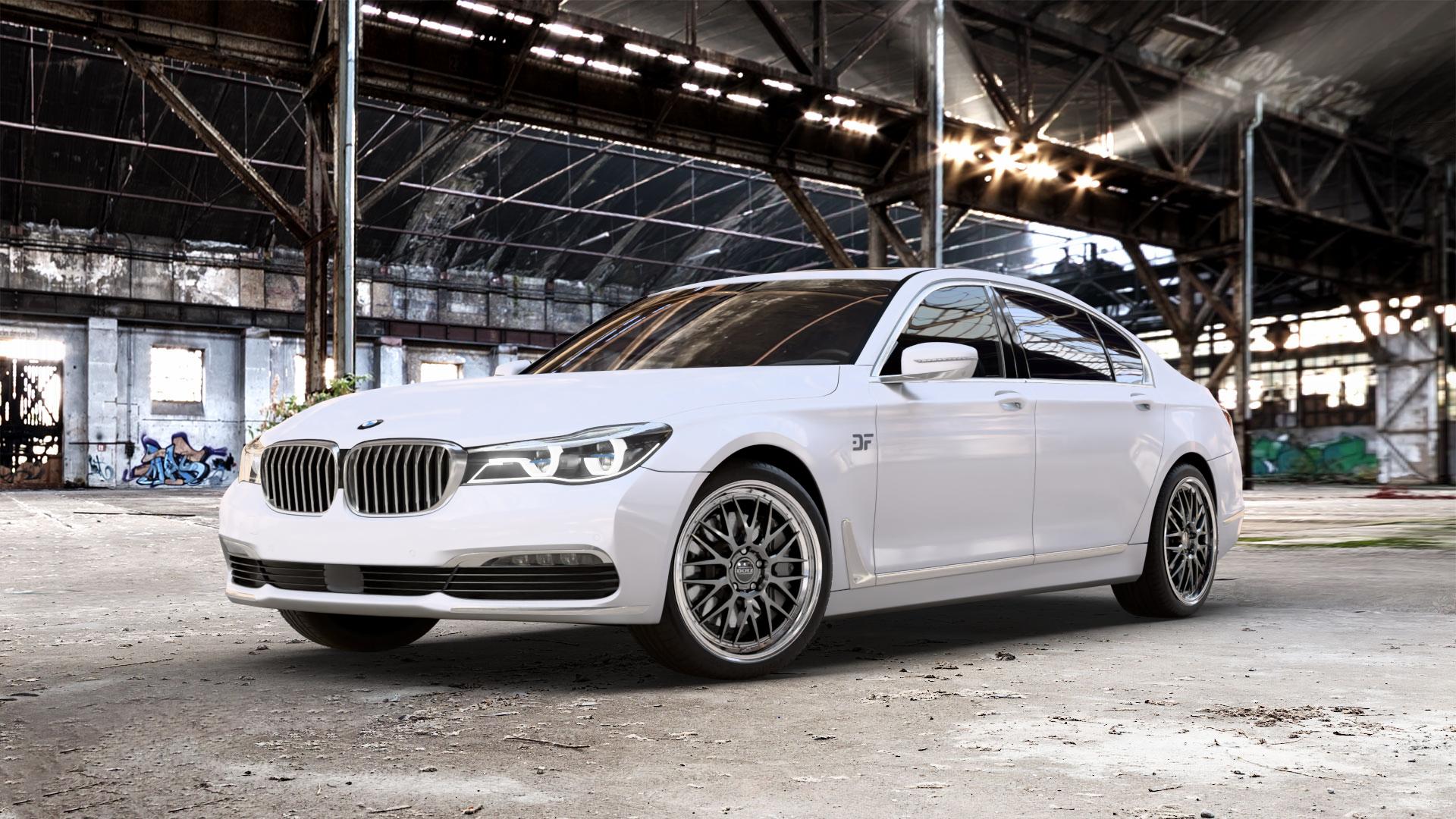 DOTZ BILBAO GUNMETAL/POLISHED LIP Felge mit Reifen grau silber mehrfarbig anthrazit in 20Zoll Winterfelge Alufelge auf weissem BMW 740Li Typ G12 750Li xDrive 730Ld 740Ld 740Le 730Li 750Ld 7er Limousine lang (7L) ⬇️ mit 15mm Tieferlegung ⬇️ Old Industrial Hall_max_5300mm_2024 Frontansicht_1