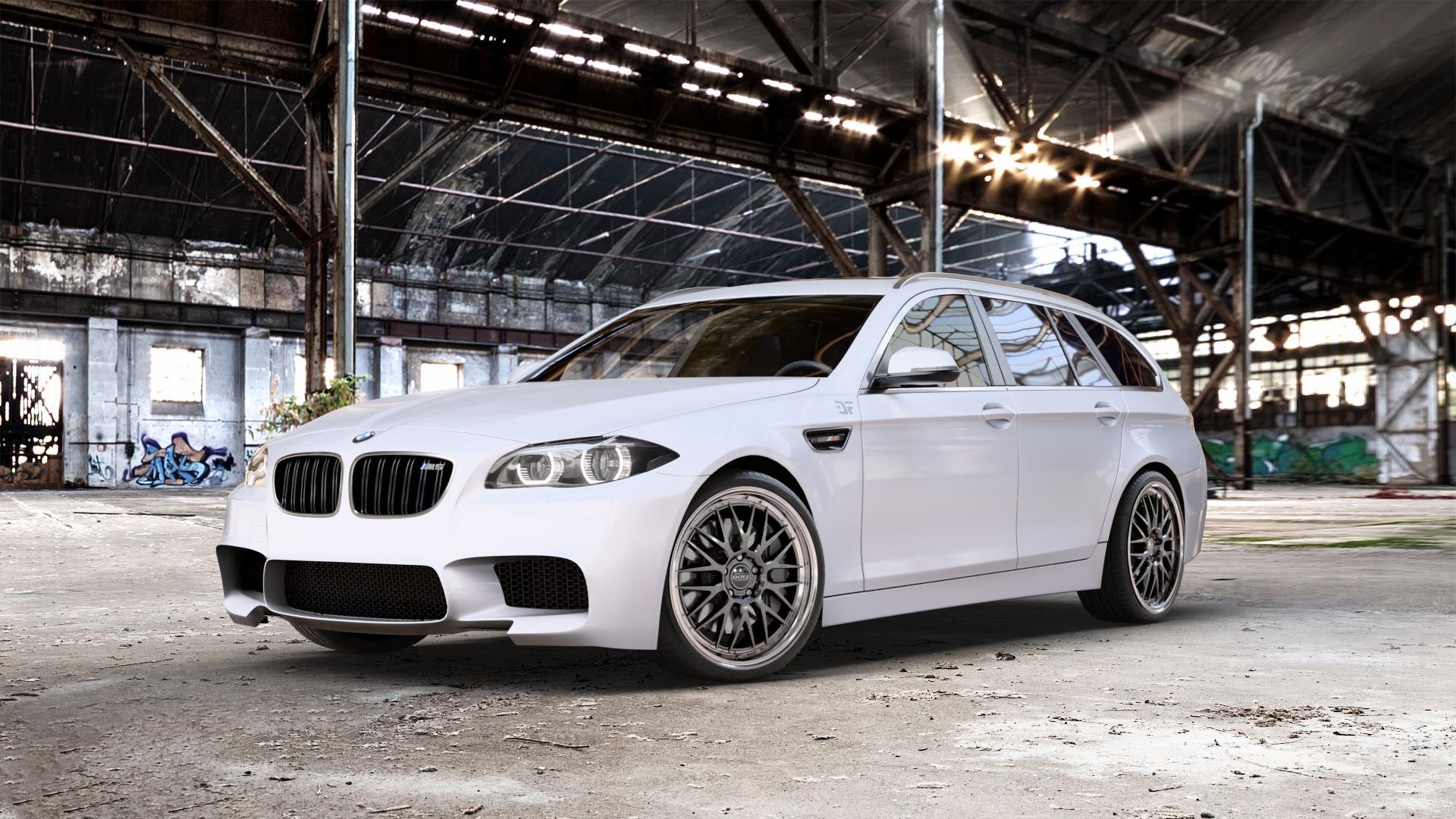 DOTZ BILBAO GUNMETAL/POLISHED LIP Felge mit Reifen grau silber mehrfarbig anthrazit in 20Zoll Winterfelge Alufelge auf weissem BMW M550d xDrive Typ F11 (Touring) 3,0l 280kW (381 PS) ⬇️ mit 15mm Tieferlegung ⬇️ Old Industrial Hall_max_5300mm_2024 Frontansicht_1