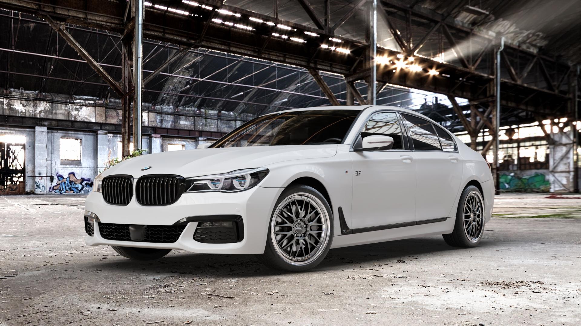 DOTZ BILBAO GUNMETAL/POLISHED LIP Felge mit Reifen grau silber mehrfarbig anthrazit in 20Zoll Winterfelge Alufelge auf weissem BMW M760Li xDrive Typ G12 Facelift 6,6l 430kW (585 PS) ⬇️ mit 15mm Tieferlegung ⬇️ Old Industrial Hall_max_5300mm_2024 Frontansicht_1
