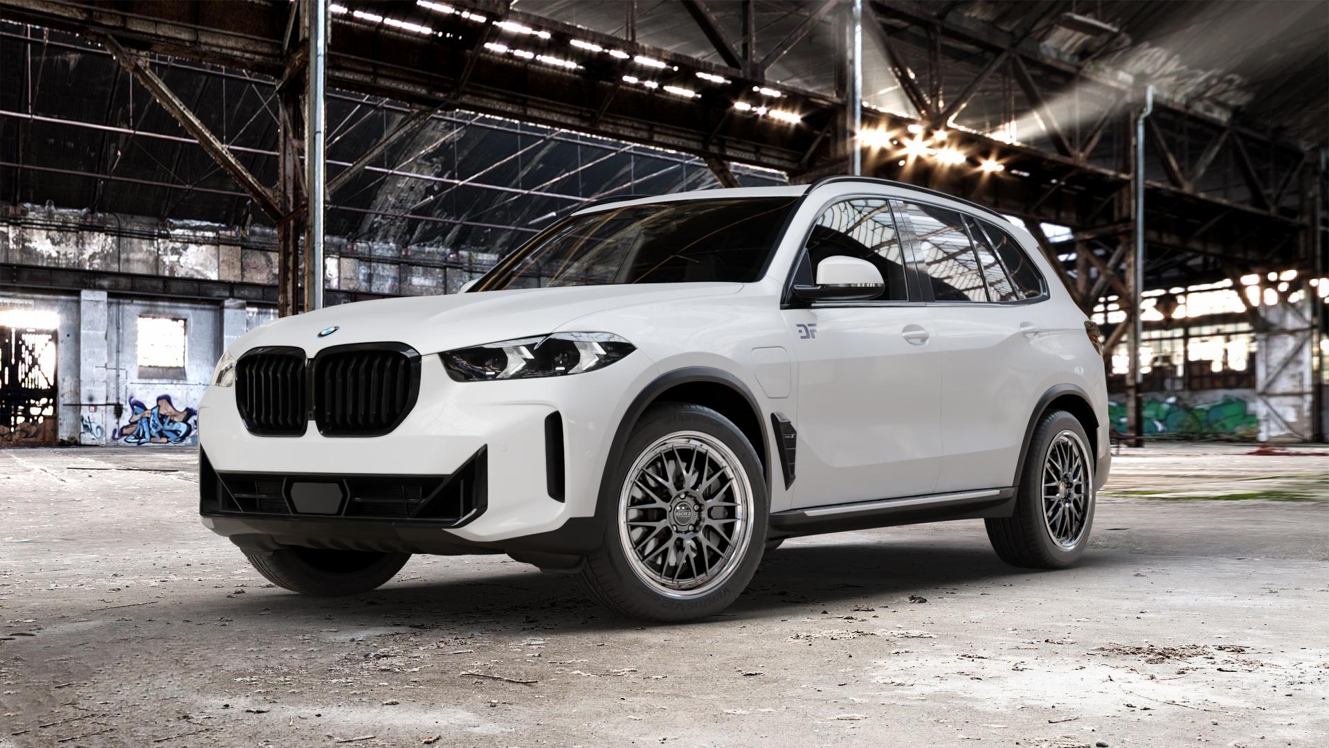 DOTZ BILBAO GUNMETAL/POLISHED LIP Felge mit Reifen grau silber mehrfarbig anthrazit in 20Zoll Winterfelge Alufelge auf weissem BMW X5 Typ G05 (G5X) Facelift ⬇️ mit 15mm Tieferlegung ⬇️ Old Industrial Hall_max_5300mm_2024 Frontansicht_1