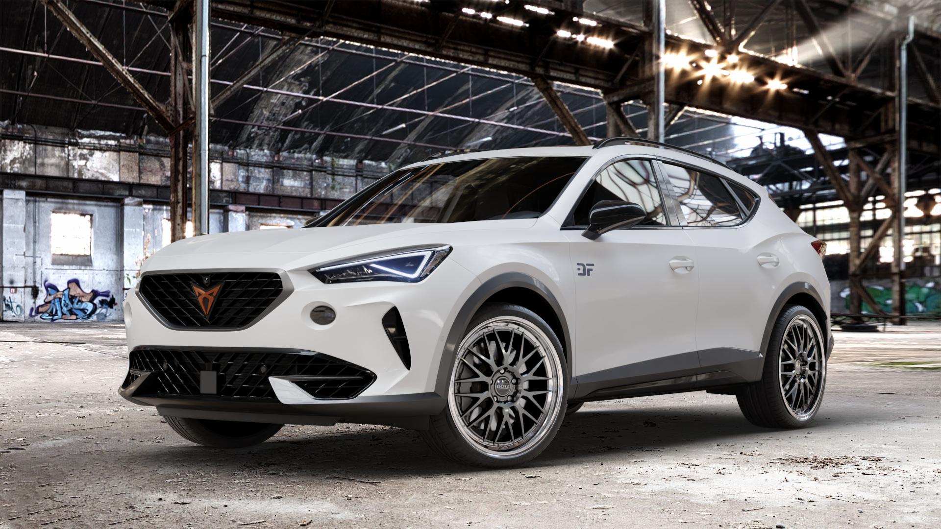 DOTZ BILBAO GUNMETAL/POLISHED LIP Felge mit Reifen grau silber mehrfarbig anthrazit in 20Zoll Winterfelge Alufelge auf weissem Cupra Formentor Typ KM ⬇️ mit 15mm Tieferlegung ⬇️ Old Industrial Hall_max_4400mm_2024 Frontansicht_1