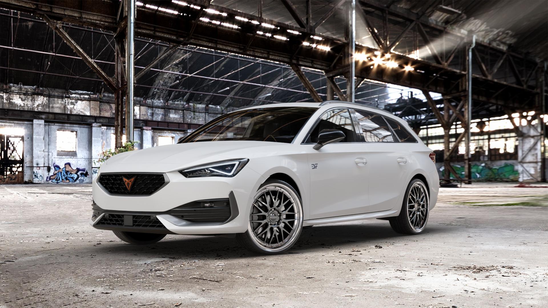 DOTZ BILBAO GUNMETAL/POLISHED LIP Felge mit Reifen grau silber mehrfarbig anthrazit in 20Zoll Winterfelge Alufelge auf weissem Cupra Leon Typ KL ST ⬇️ mit 15mm Tieferlegung ⬇️ Old Industrial Hall_max_5300mm_2024 Frontansicht_1